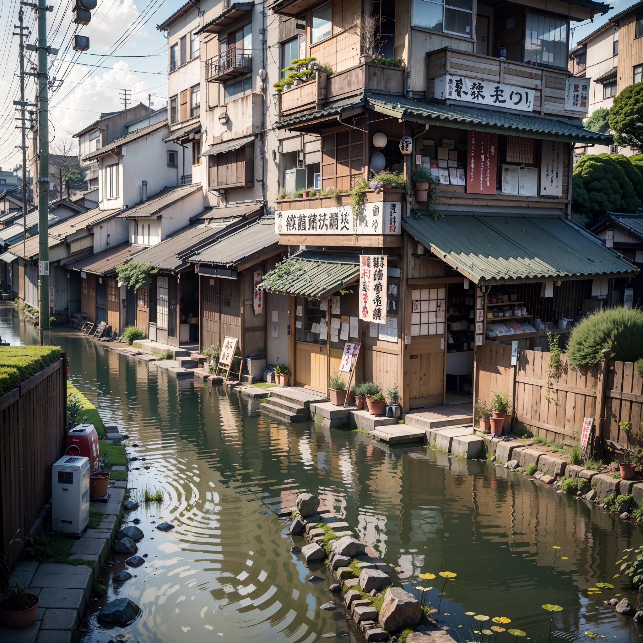 urban Japanese street next to stream of water, traditional Japanese lantern, (no one: 1), no one in sight, no people, best quality, anime, anime style, lofi, calm, row of building next to river, urban Japanese street next to stream of water, traditional Japanese lantern, (no one: 1), no one in sight, no people, best quality, anime, anime style, lofi, calm, row of buildings next to river, anime background, anime wallpaper, anime, anime style, lofi, lofi style, modern japanese street, modern japanese architecture, japanese convenience store, big retro japanese shop signs, retro japanese store, trees, plants, rocks, plant pots, shop signs, japanese banners, japanese signs, flags, empty street, no one in sight, (no one: 1), best quality, sun in sky, gloomy weather, dramatic weather, river inbetween buildings
