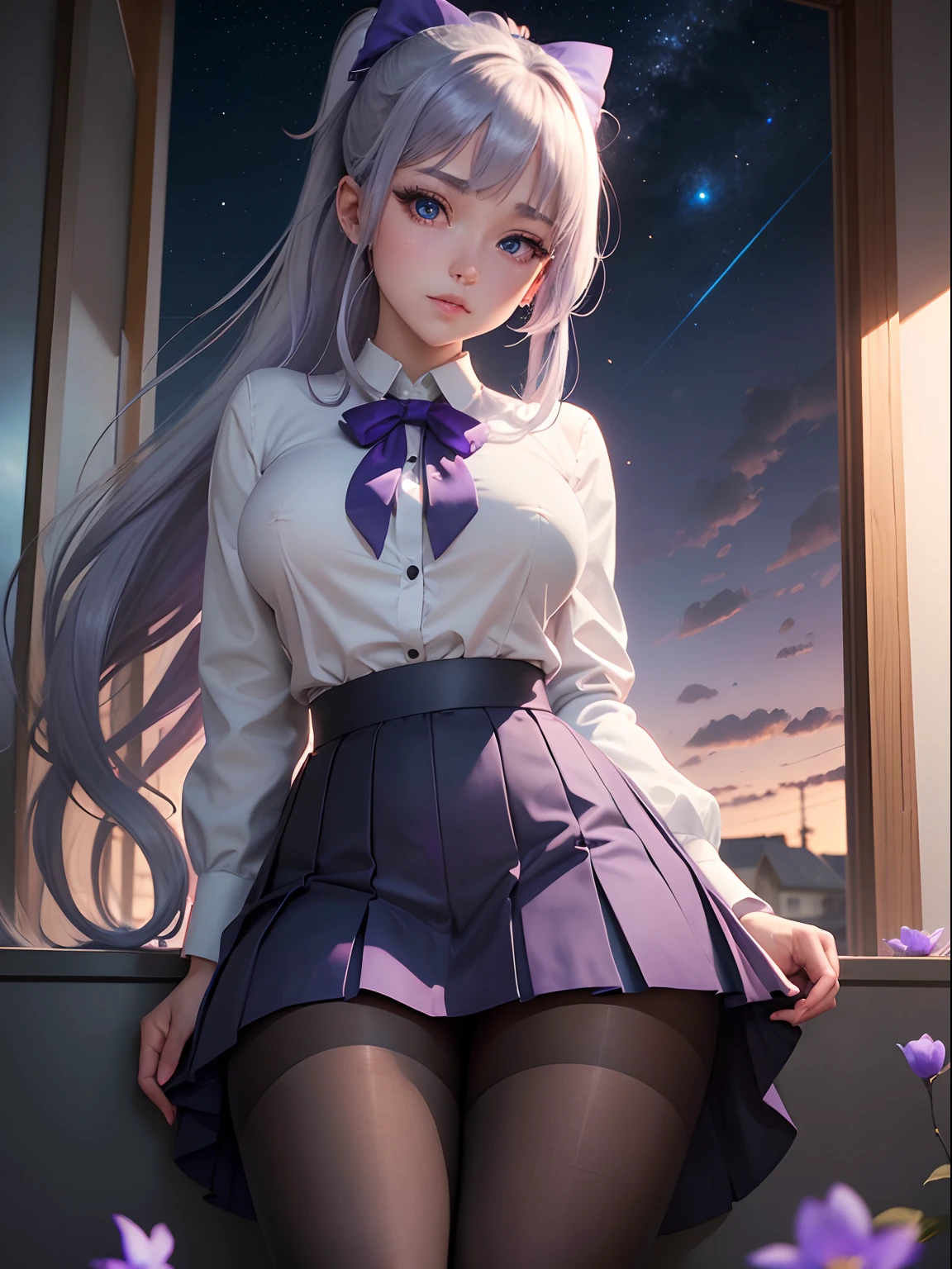Best Quality, masutepiece,, Illustration, Wallpaper,1girl in, Solo, School uniform, White shirt, Black skirt, Bright purple-silver hair, Semi-long hair, Beautiful detailed girl, extremely detailed eye and face, Beautiful detailed eyes, Shy, natural_Lighting, Glow,NSFW, Clean sky, Looking at Viewer, Outdoors, nigh sky, Star (skyporn), lowfers, Black pantyhose, blue bowtie, Straight hair, Purple petals, Purple and blue flowers, Red pupil, Ponytail, Blue Ribbon,White hair, Thick_thighs thighs thighs thighs, Large breasts,knee sox,Open your crotch,