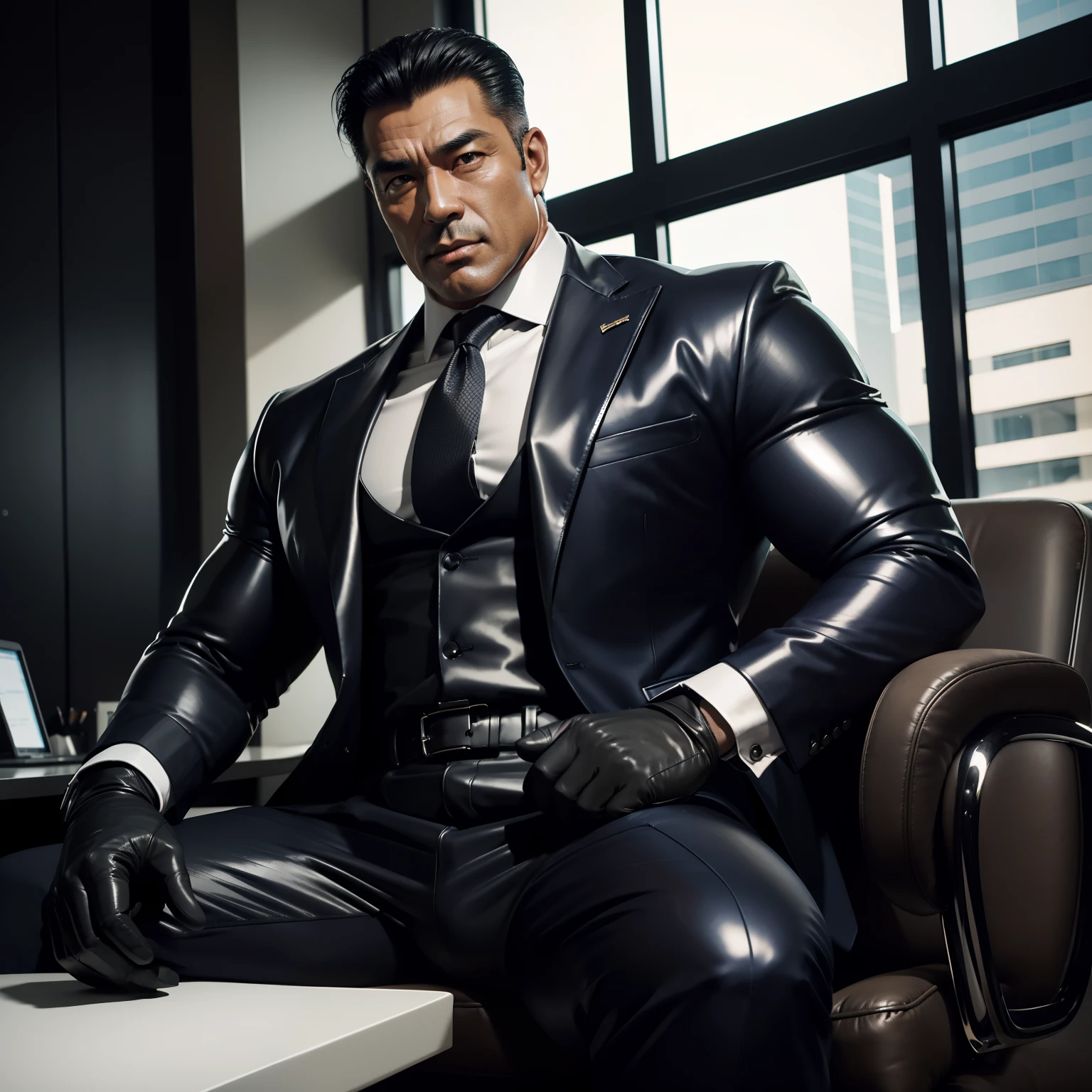 50 years old,daddy,shiny suit ,dad sit down on chair,k hd,in the office,big muscle,dad is gay ,black hair,asia face,masculine,strong man,the boss is,handsome,sex,leather gloves,lecherous dad,look straight ahead,dad is handsome