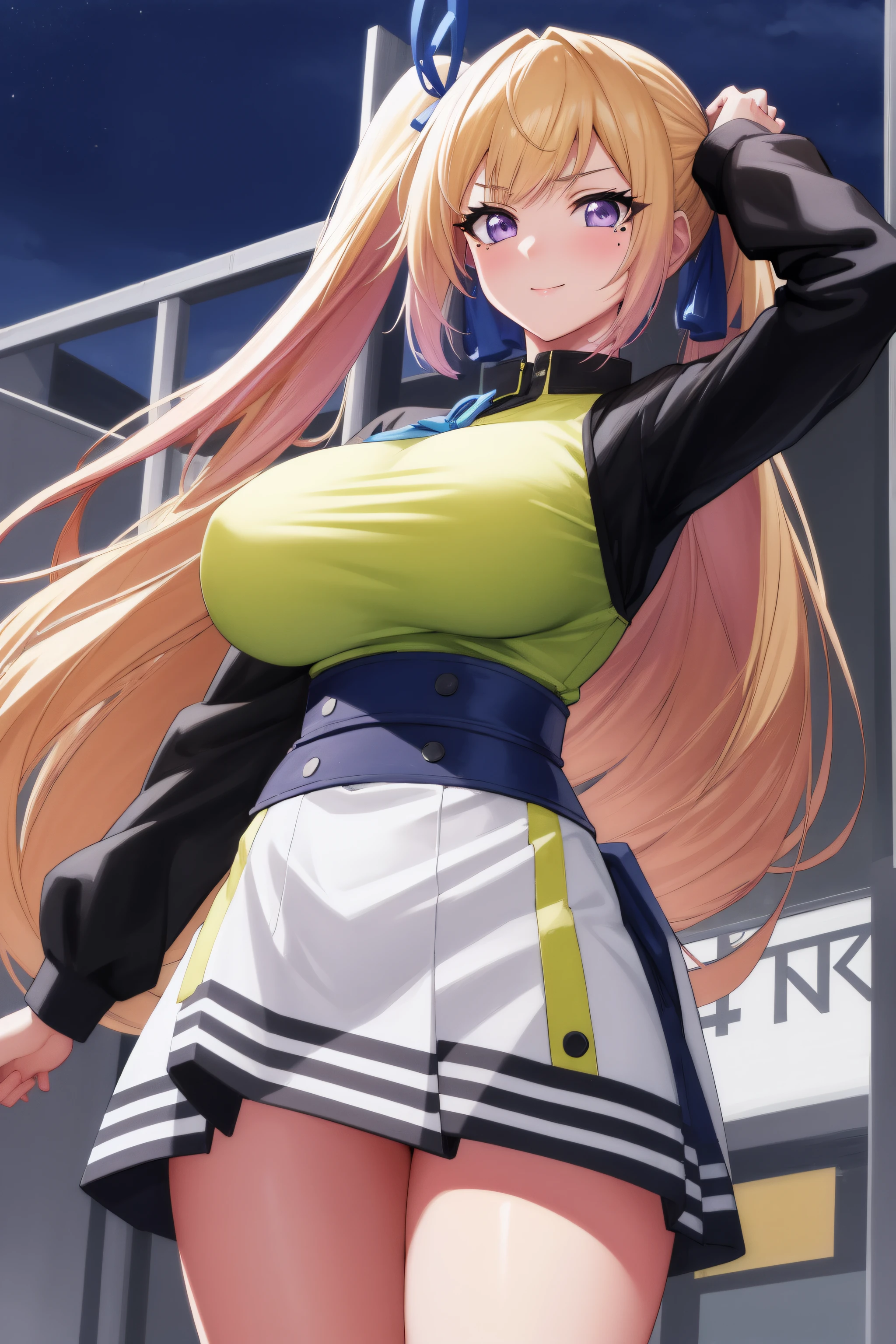 (Night:1.7), Cyberpunk_CityView, Before Window,
(Standing:1.7) at attention,
Yellow and green shirt,White_Long_skirt,long sleeves, bare legs, 
mai kawakami, blonde hair, hair ribbon, long hair, mole, mole under eye, ribbon, side ponytail, (purple eyes:1.2), 
1 girl, 20yo,young female,Beautiful Finger,Beautiful long legs,Beautiful body,Beautiful Nose,Beautiful character design, perfect eyes, perfect face,
looking at viewer, (innocent_big_eyes:1.0),(expressionless:1.3),seductive anime girl.teasing smile, 
NSFW,official art,extremely detailed CG unity 8k wallpaper, perfect lighting,Colorful, Bright_Front_face_Lighting,
(masterpiece:1.0),(best_quality:1.0), ultra high res,4K,ultra-detailed,
photography, 8K, HDR, highres, absurdres:1.2, Kodak portra 400, film grain, blurry background, bokeh:1.2, lens flare, (vibrant_color:1.2)
(Beautiful,large_Breasts:1.4), (beautiful_face:1.5),(narrow_waist),(perfect hands, perfect anatomy)