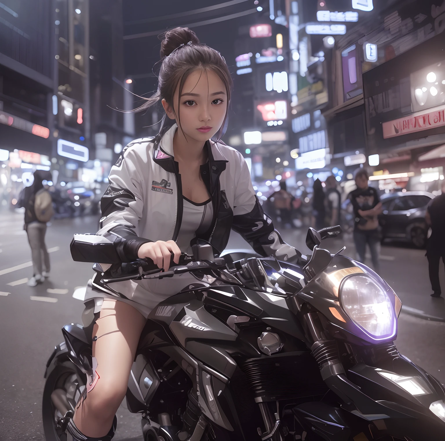 Highest image quality, outstanding details, ultra-high resolution, (realism: 1.4), the best illustration, favor details, highly condensed 1girl, with a delicate and beautiful face, dressed in a black and fuschia mecha, wearing a mecha helmet, holding a directional controller, riding on a motorcycle, the background is a high-tech lighting scene of the future city.