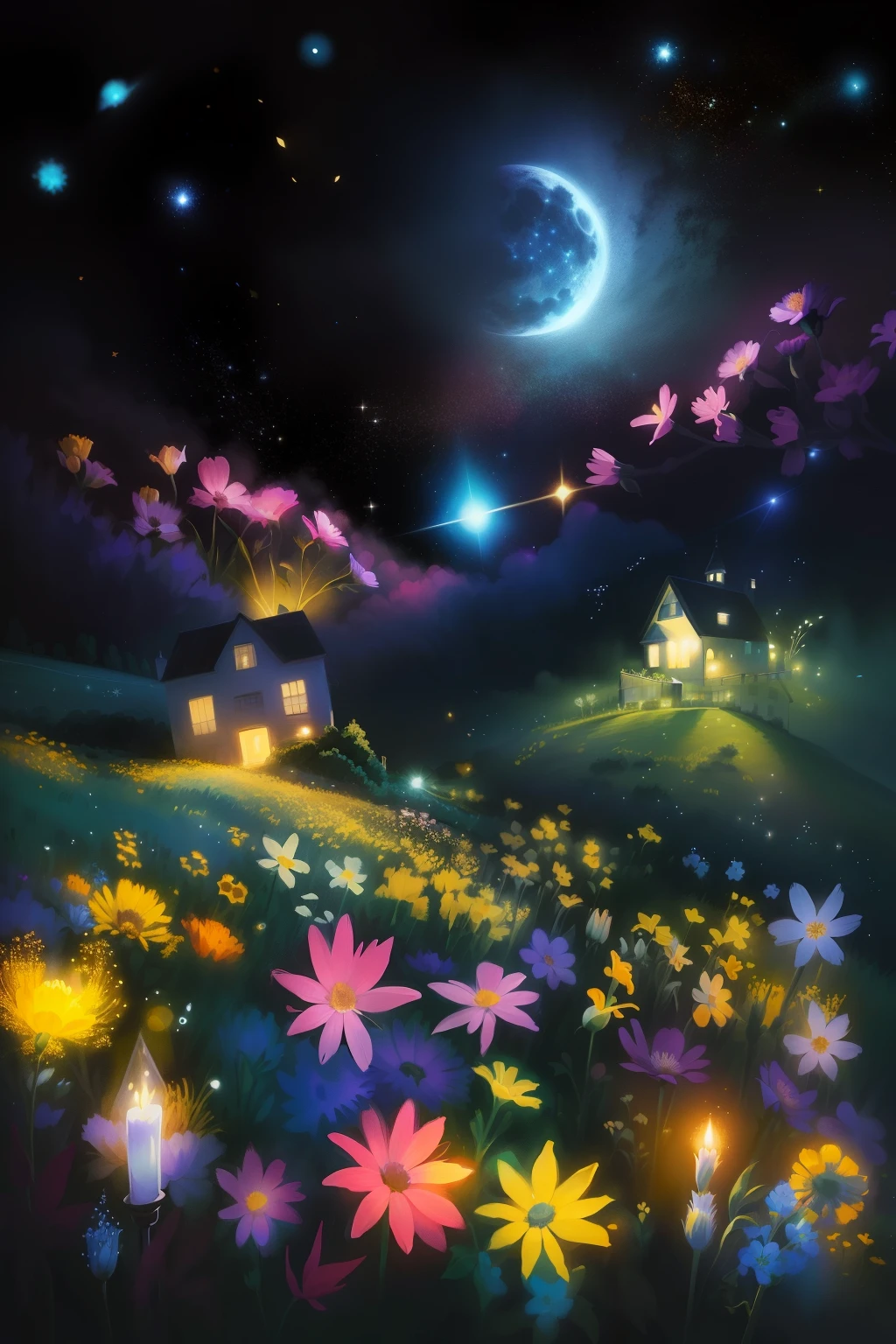 Painting of a house in a field with flowers and a bird, luar brilhando em flores silvestres, field of flowers at night, dreamy illustration, vaga-lumes noturnos aconchegantes, noite calma. digital illustation, Pintura noturna estrelada, lindamente ilustrado, Jane Newland, night sky full of flowers, cena noturna, blurry and dreamy illustration, ilustrado em estilo caprichoso, noite de luar