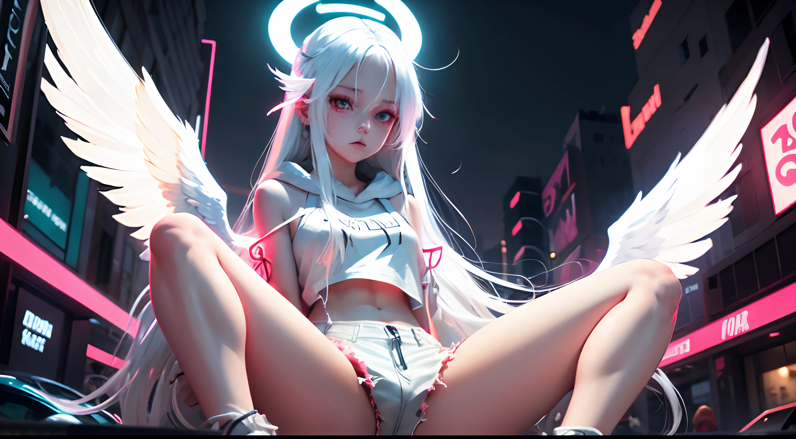 Neon Street，one female，Long white hair，Red pupils，angelic halo，Angel wings，Broken hood，shorter pants，spread their legs