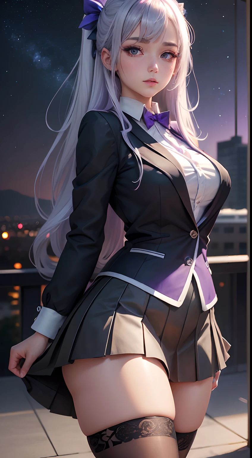 Best Quality, masutepiece,, Illustration, Wallpaper,1girl in, Solo, School uniform, White shirt, Black skirt, Bright purple-silver hair, Semi-long hair, Beautiful detailed girl, extremely detailed eye and face, Beautiful detailed eyes, Shy, natural_Lighting, Glow,NSFW, Clean sky, Looking at Viewer, Outdoors, nigh sky, Star (skyporn), lowfers, Black pantyhose, blue bowtie, Straight hair, Purple petals, Purple and blue flowers, Red pupil, Ponytail, Blue Ribbon,White hair, Thick_thighs thighs thighs thighs, Large breasts,knee sox,Open your crotch,a miniskirt