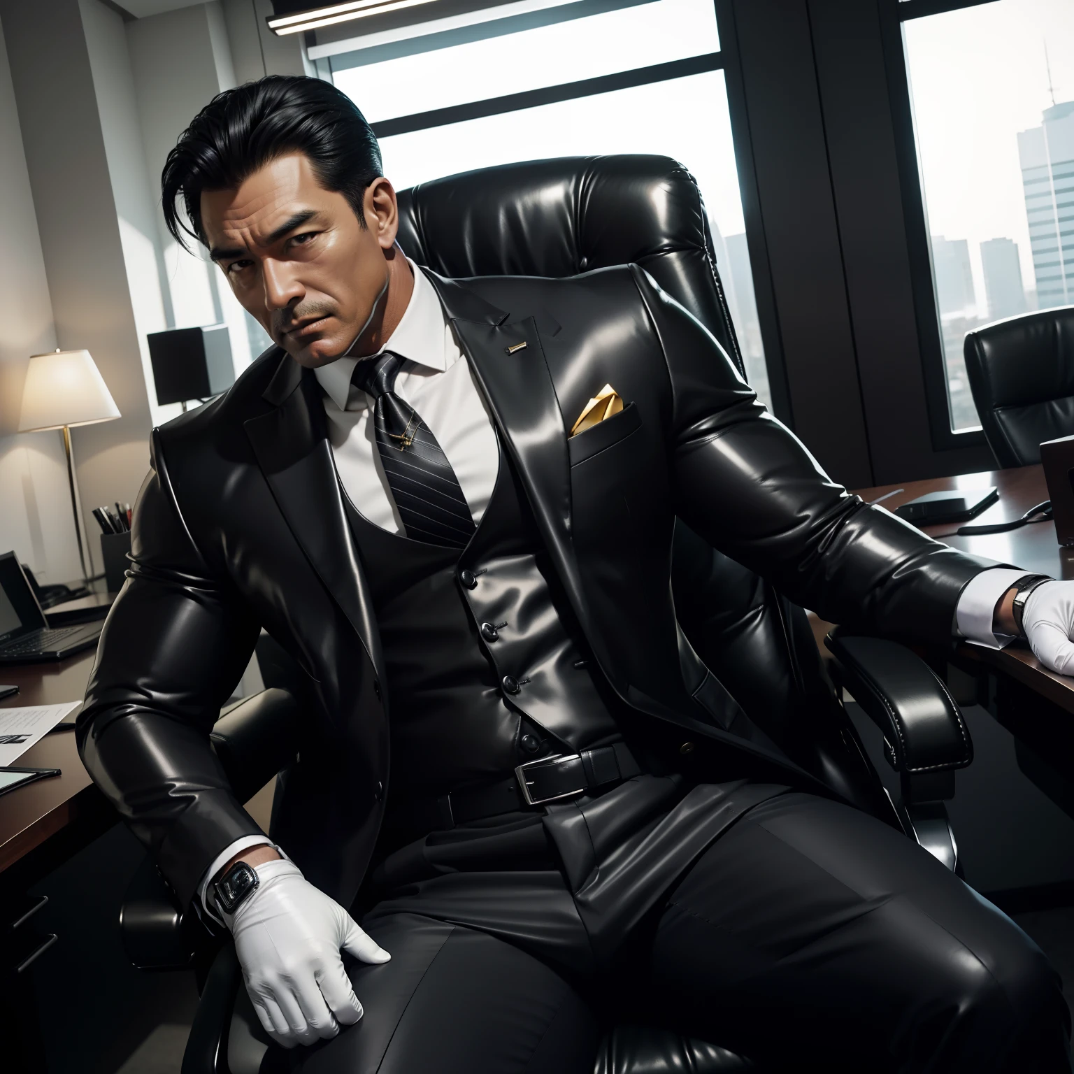 50 years old,daddy,shiny suit ,dad sit down on chair,k hd,in the office,big muscle,dad is gay ,black hair,asia face,masculine,strong man,the boss is,handsome,sex,leather gloves,lecherous dad,look straight ahead,dad is handsome