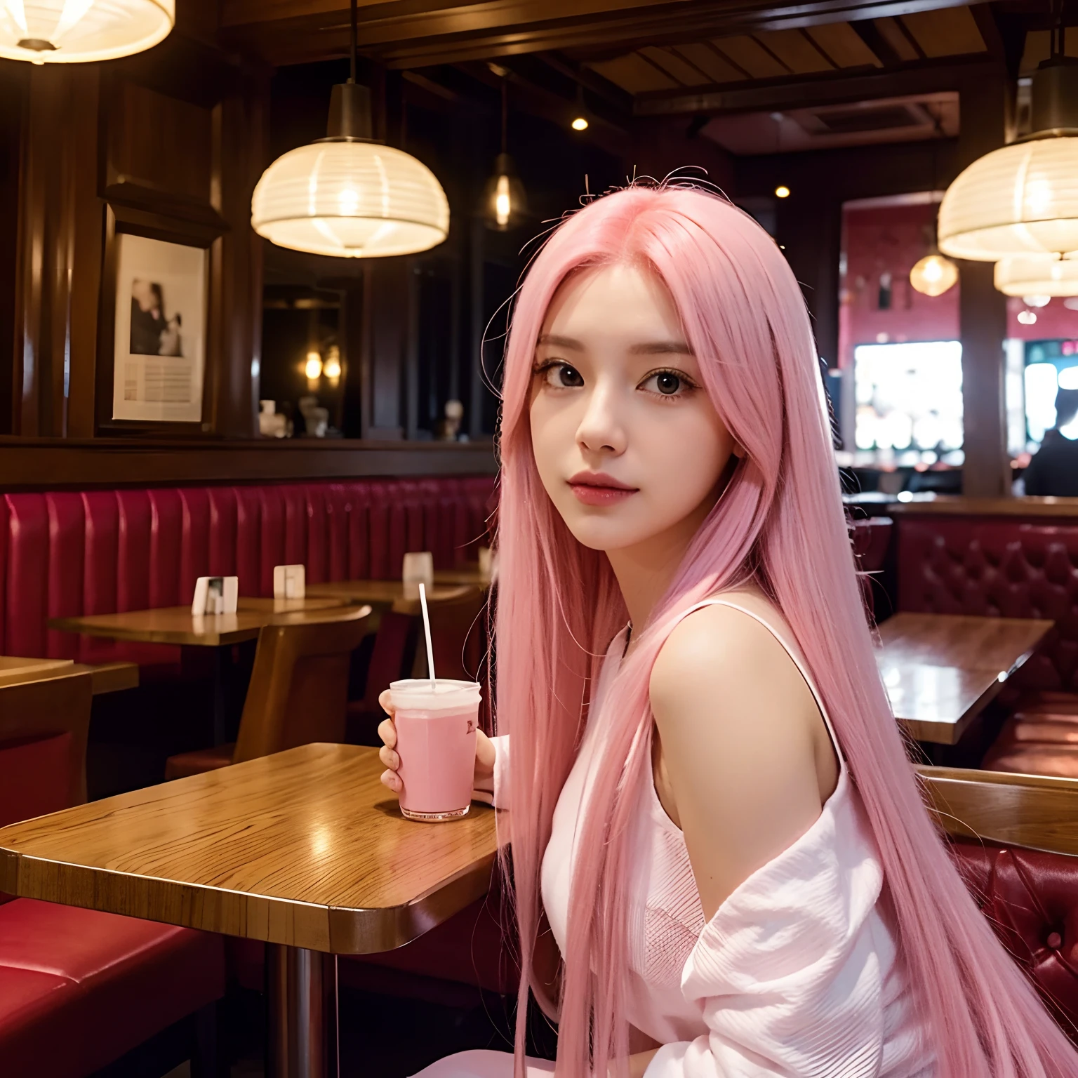 (realistic、High resolution:1.3)、Just one girl with a perfect figure、super thin face and eyes、pink hair、naked、at the cafe、coffee on the table、naked