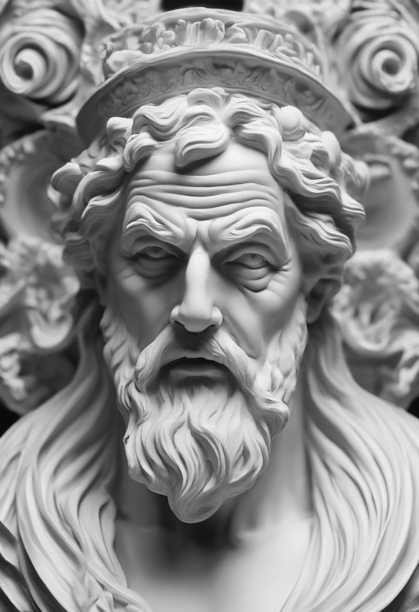 sculpture, ceramics, greek, stoic, gods, old man, angry face, black background, black and white, realistic 8K, UHD, HD
