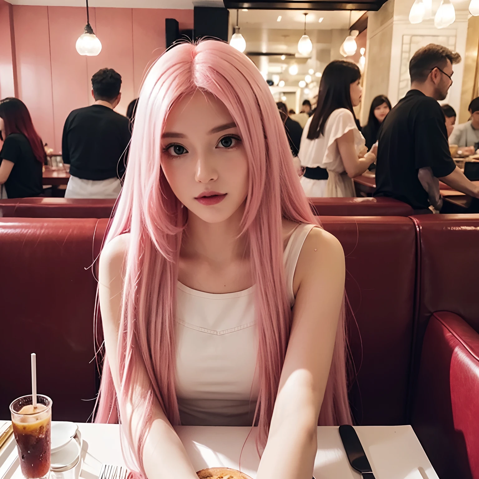 Selfie of a White girl with long pink hair in a restaurant full of people
