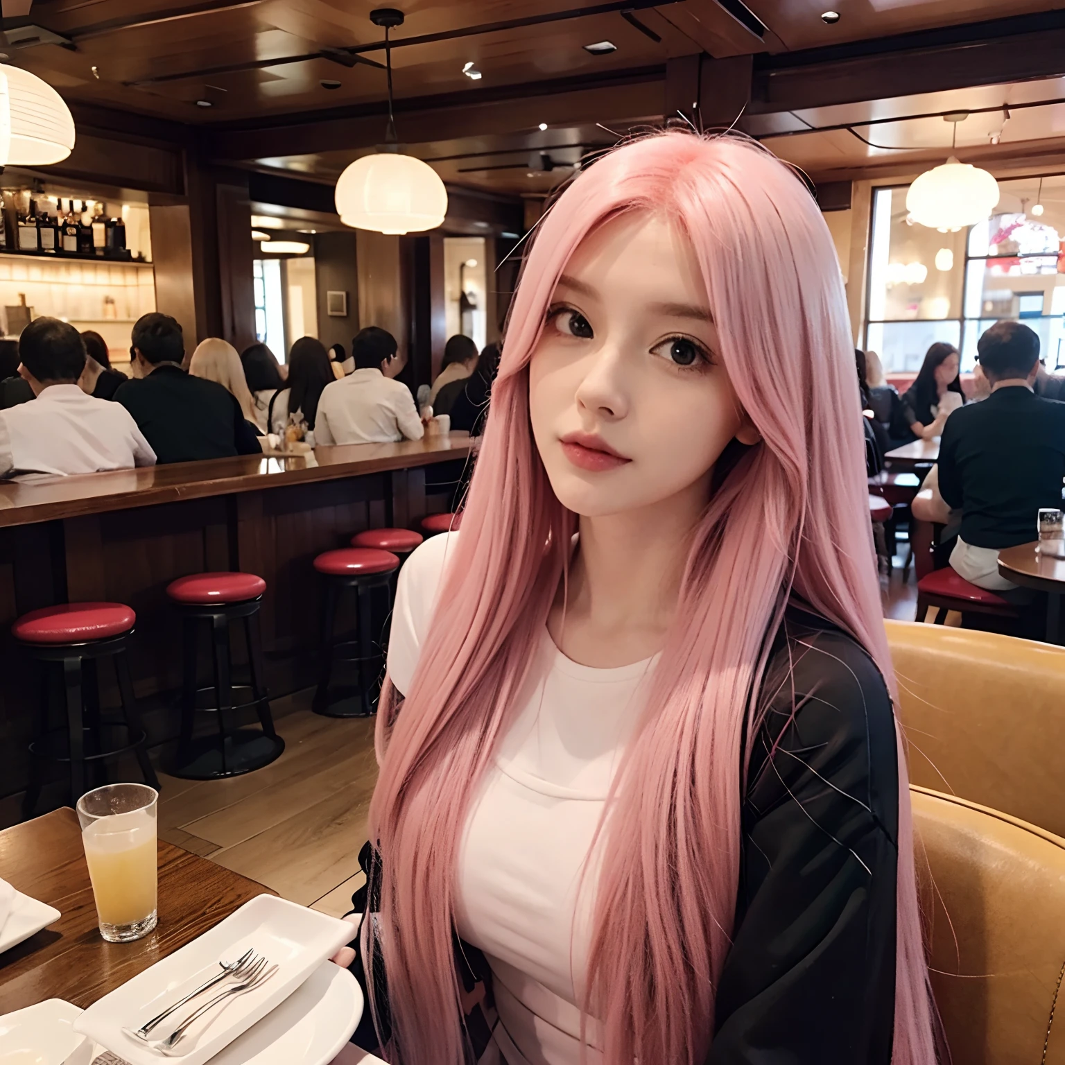 Selfie of a White girl with long pink hair in a restaurant full of people