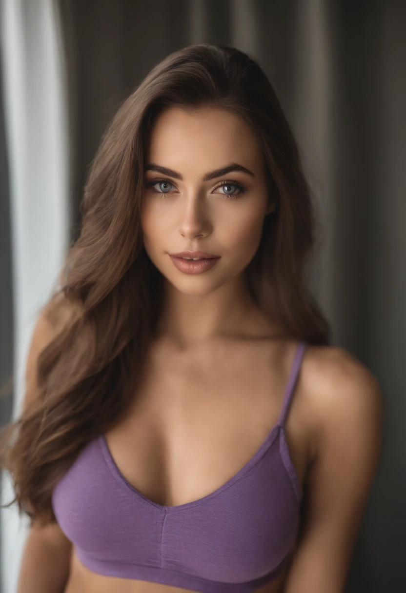 Arafed woman with matching tank top and panties, fille sexy aux yeux bruns, Portrait Sophie Mudd, cheveux bruns et grands yeux, selfie of a young woman, Yeux de chambre, Violet Myers, sans maquillage, maquillage naturel, looking straight at camera, Visage avec Artgram, Maquillage subtil, Superbe photo du corps entier, dans la chambre, clivage