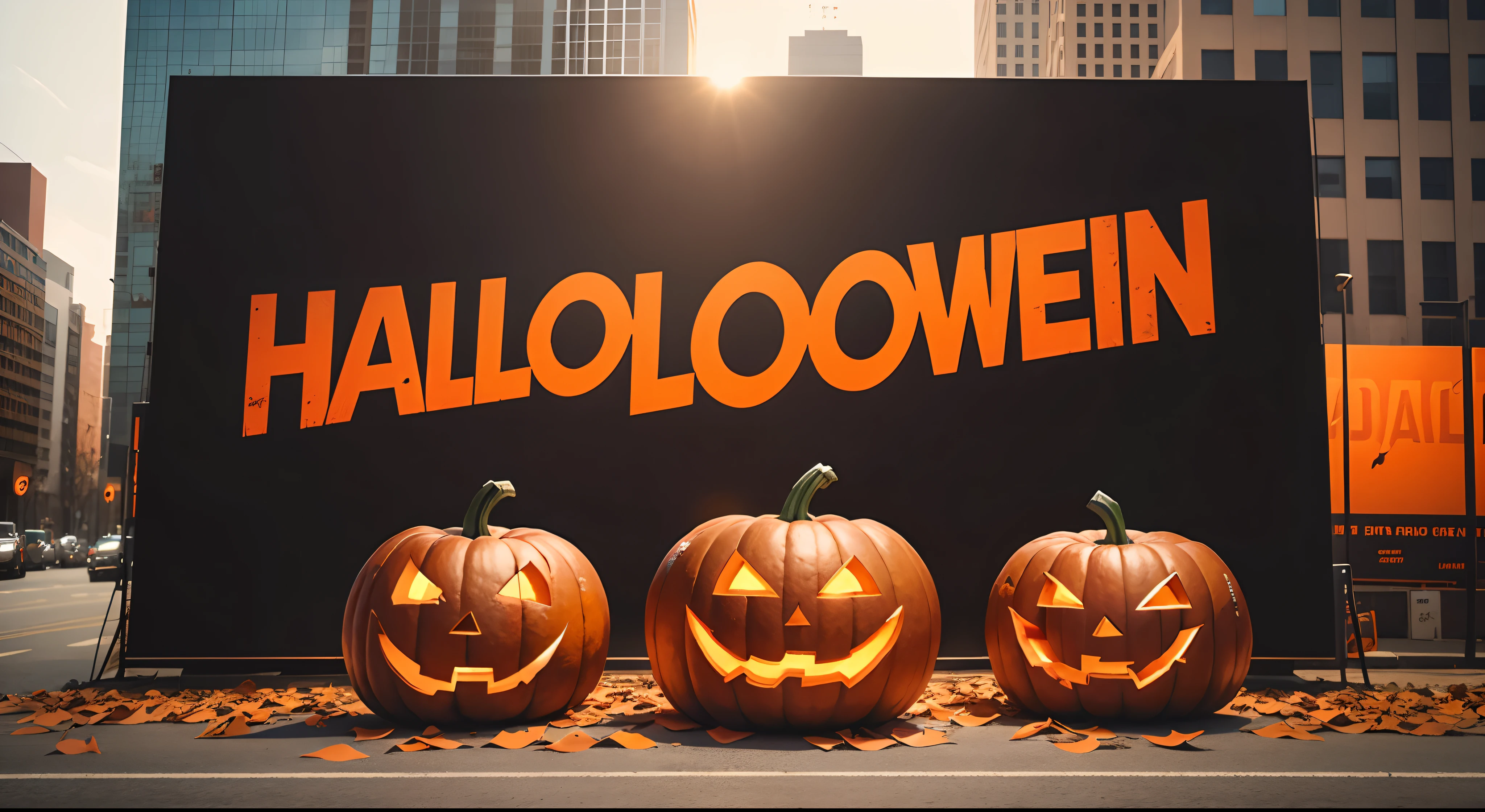 Halloween pumpkins. Bloody Black huge billboard in front, bloody red. Zoomed out, camera far away, bloody around billboard, pumpkins smashed on floor