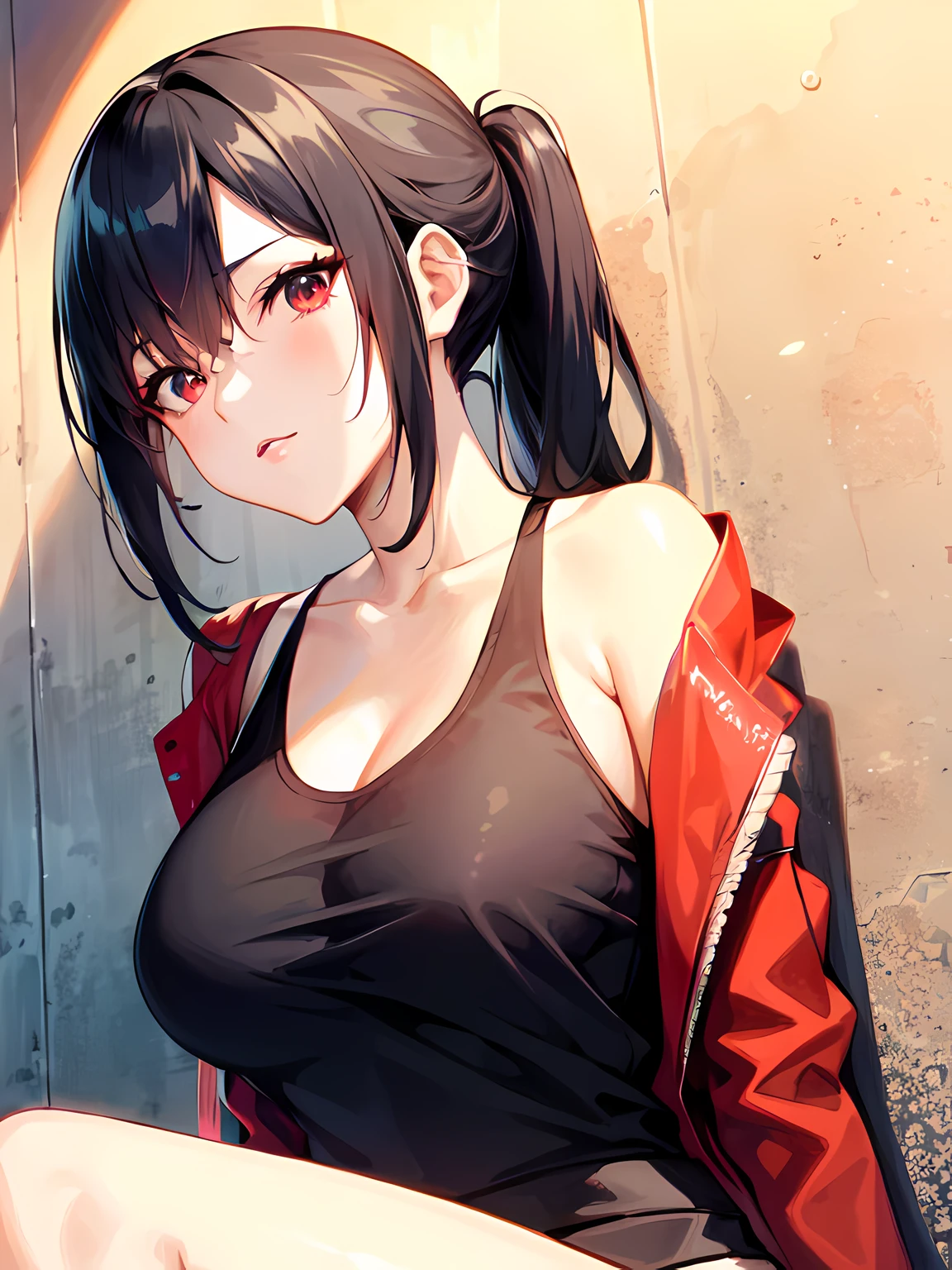 Anime girl with long black hair and black top sitting on the wall, Seductive Anime Girl, charming anime girls, anime style 4 k, anime moe art style, Smooth Anime CG Art, seductive tifa lockhart portrait, badass anime 8 K, Beautiful anime girl, realistic anime art style, Rin Tohsaka, 4 k manga wallpaper, (Anime Girl)