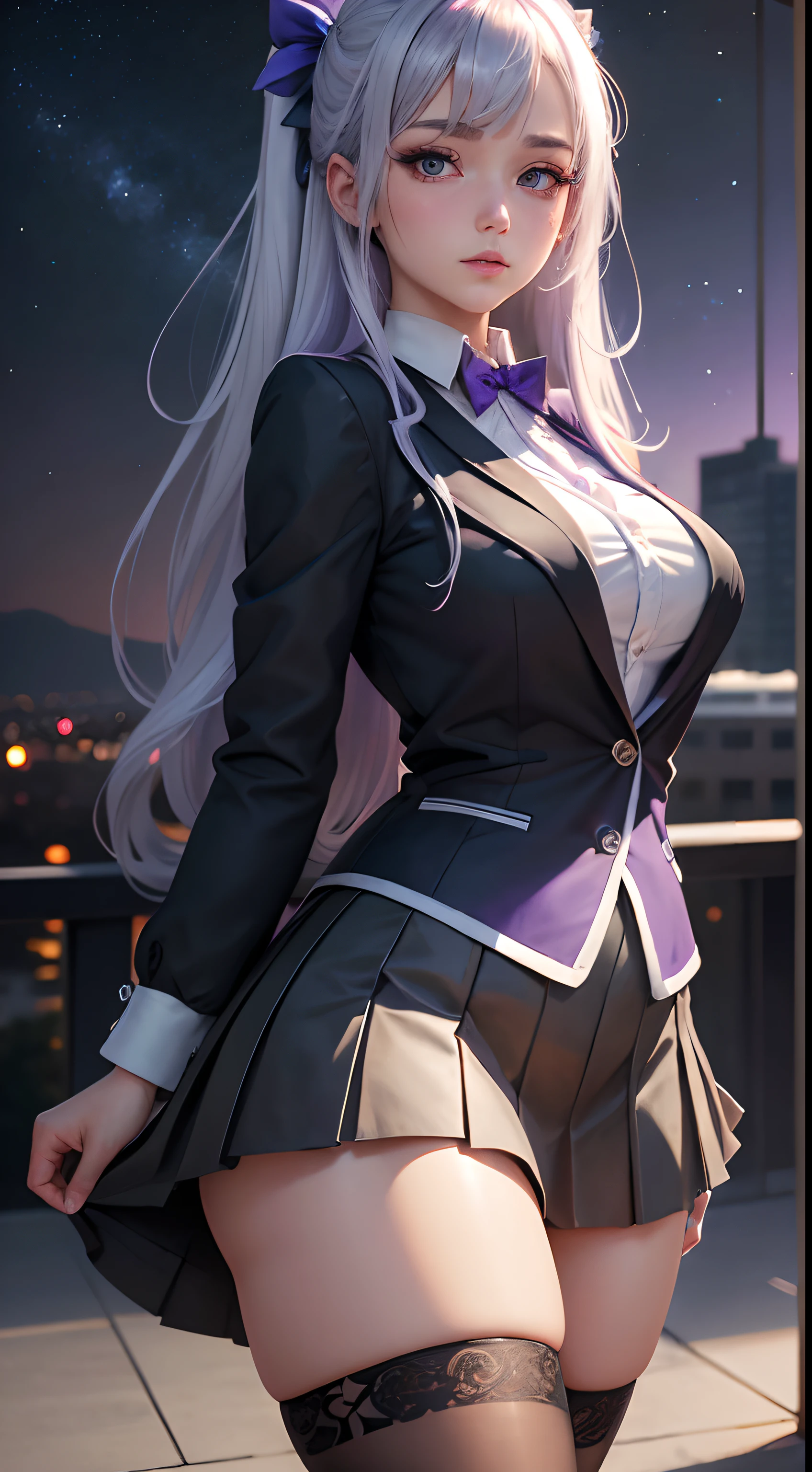 Best Quality, masutepiece,, Illustration, Wallpaper,1girl in, Solo, School uniform, White shirt, Black skirt, Bright purple-silver hair, Semi-long hair, Beautiful detailed girl, extremely detailed eye and face, Beautiful detailed eyes, Shy, natural_Lighting, Glow,NSFW, Clean sky, Looking at Viewer, Outdoors, nigh sky, Star (skyporn), lowfers, Black pantyhose, blue bowtie, Straight hair, Purple petals, Purple and blue flowers, Red pupil, Ponytail, Blue Ribbon,White hair, Thick_thighs thighs thighs thighs, Large breasts,knee sox,Open your crotch,a miniskirt