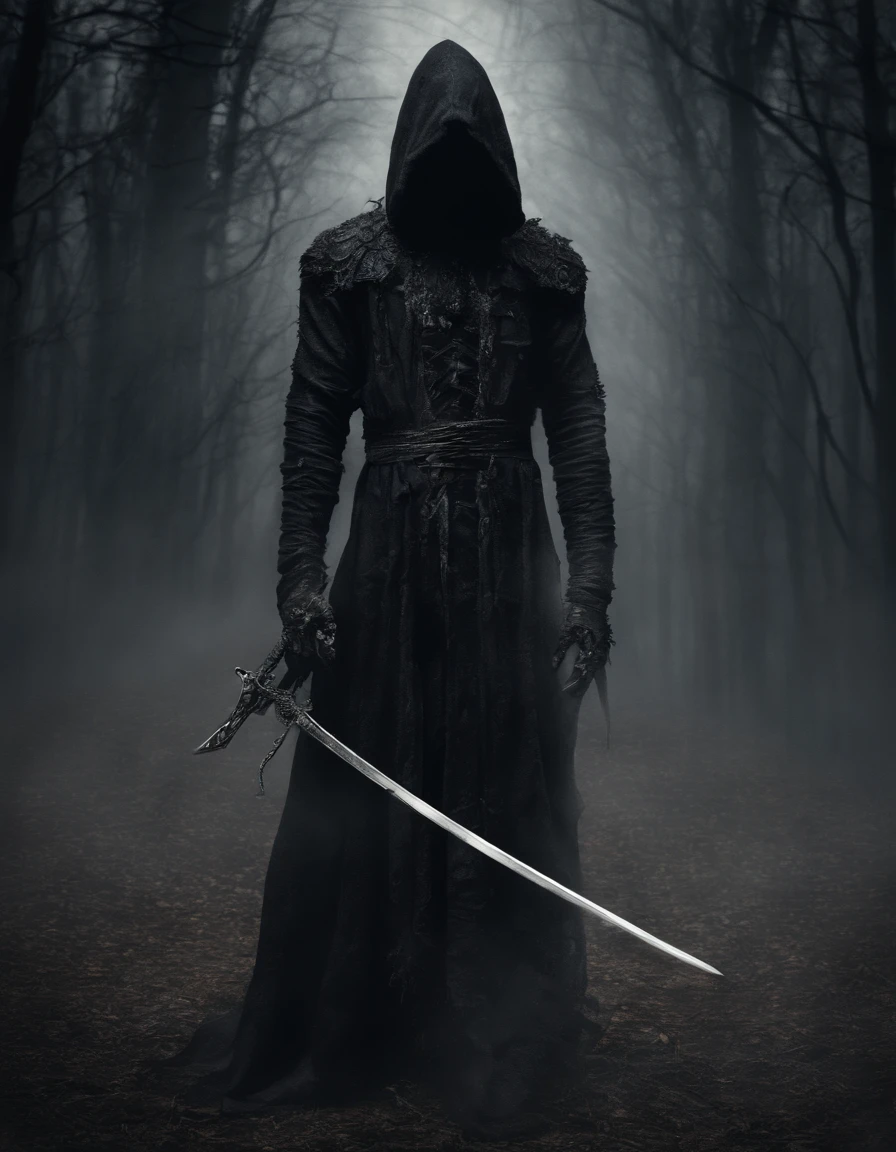 Hooded Swordsman, Ein Schwert in der Hand, schaurig, sehr leuchtende Farben, Lichtteilchen, mit hellem Licht, Mshiff, Tapeten-Kunst, UHD-Hintergrundbild, artistic, kompliziert, Coole Farben, Schattierungen von Lila