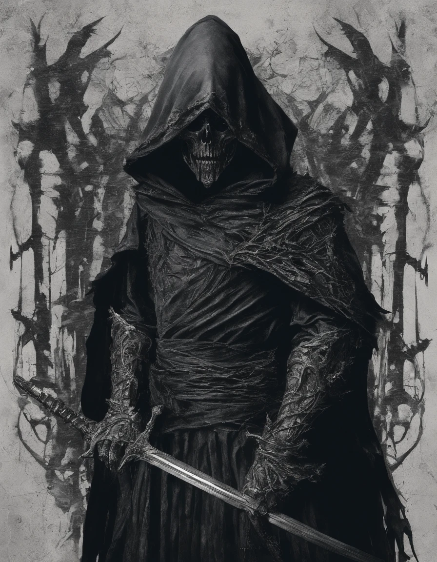 Hooded Swordsman, Ein Schwert in der Hand, schaurig, sehr leuchtende Farben, Lichtteilchen, mit hellem Licht, Mshiff, Tapeten-Kunst, UHD-Hintergrundbild, artistic, kompliziert, Coole Farben, Schattierungen von Lila