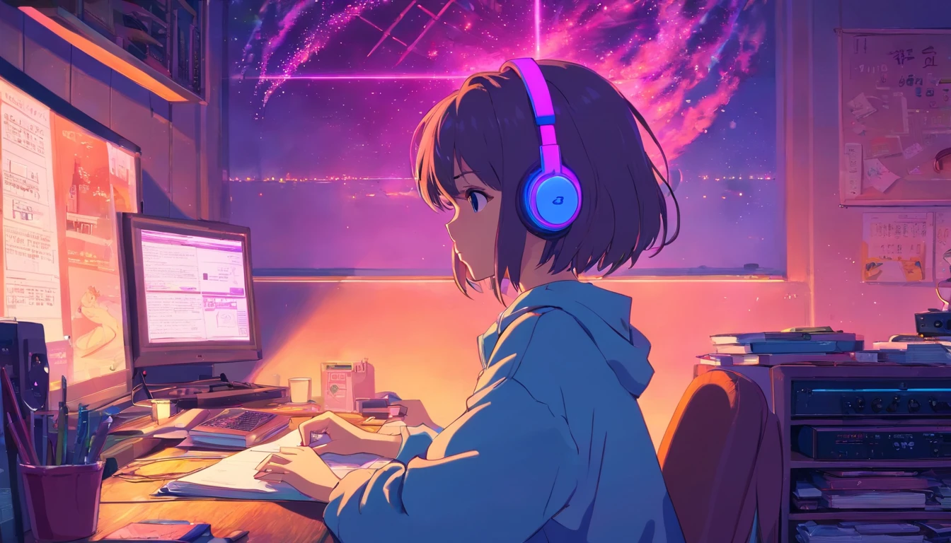 (zero), Girl studying in her room, reading a book, Wear headphones, , night lights, Neon landscape on a rainy day,Analog Color Theme, Lo-Fi Hip Hop , retrospective, flat, 2.5D ,Draw a line, Ink Drawing, Large slope, Watercolor painting, Goosch Colors, Studio Ghibli Style, Awesome colorful, Outer Ton, Synthwave, lofi art,90s style,Old texture, amplitude,90s vibe, masutepiece, Tremendous technology, 16:9 scale