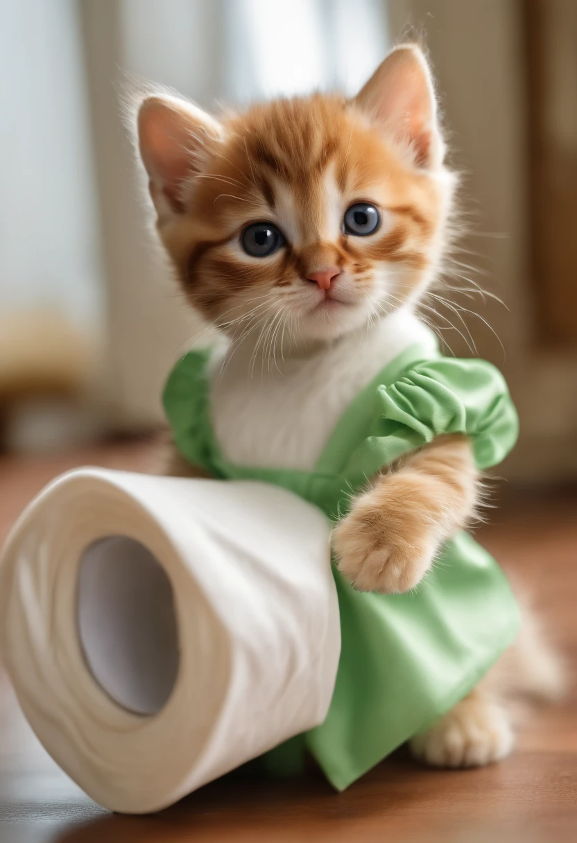 (melhor qualidade,4k,8k,Altas,master part:1.2), ultra-detalhado, Realistic:1.37, gato bonito de olhos grandes, Adorable kitten, pelo branco fofo, vestido com roupas verdes de caminhoneiro, Juggling toilet paper rolls, wearing a cap