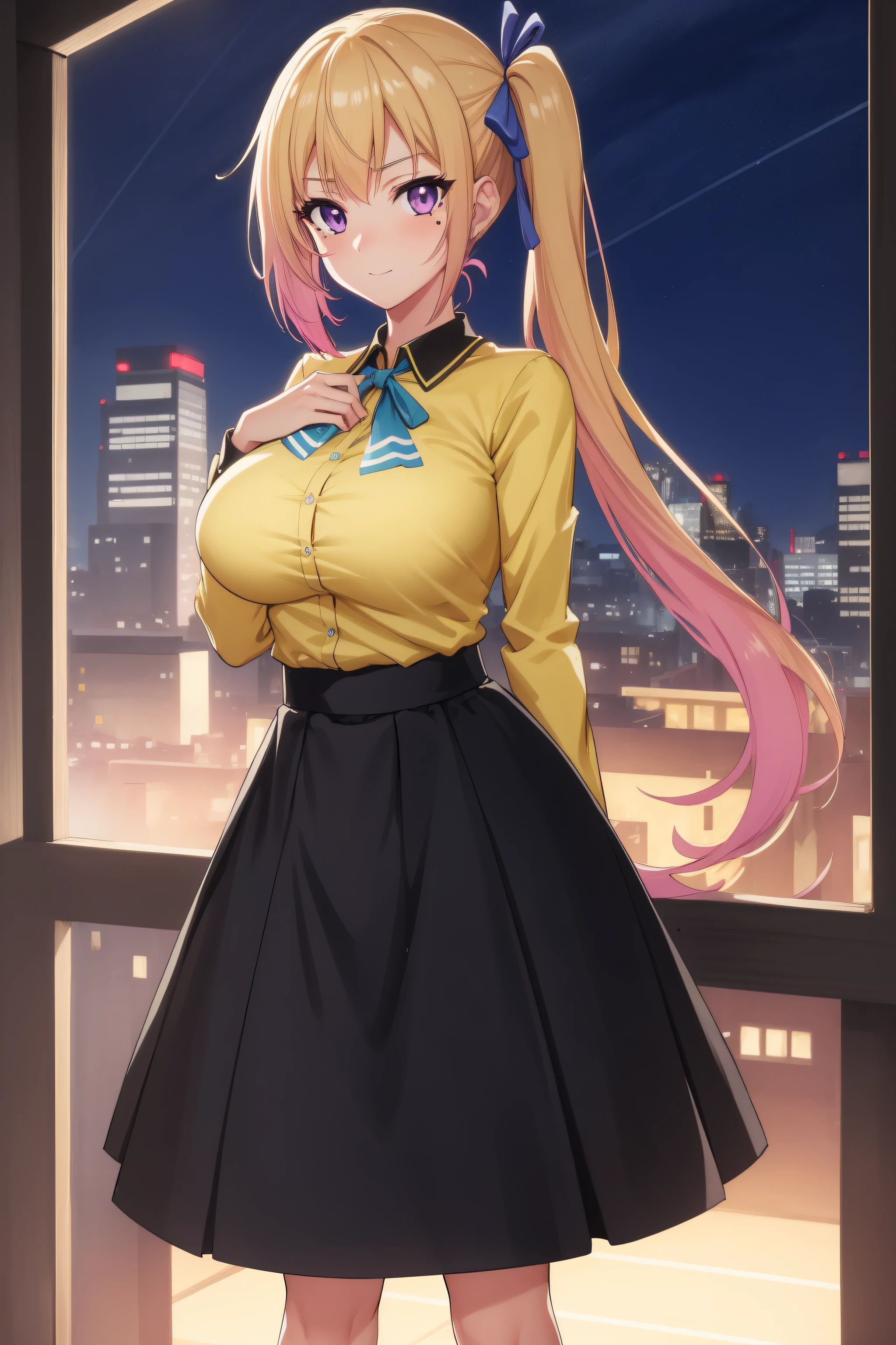 (Night:1.7), Cyberpunk_CityView, Before Window,
(Standing:1.7) at attention,
Yellow and green shirt,White_Long_skirt,long sleeves, bare legs, 
mai kawakami, blonde hair, hair ribbon, long hair, mole, mole under eye, ribbon, side ponytail, (purple eyes:1.2), 
1 girl, 20yo,young female,Beautiful Finger,Beautiful long legs,Beautiful body,Beautiful Nose,Beautiful character design, perfect eyes, perfect face,
looking at viewer, (innocent_big_eyes:1.0),(expressionless:1.3),seductive anime girl.teasing smile, 
NSFW,official art,extremely detailed CG unity 8k wallpaper, perfect lighting,Colorful, Bright_Front_face_Lighting,
(masterpiece:1.0),(best_quality:1.0), ultra high res,4K,ultra-detailed,
photography, 8K, HDR, highres, absurdres:1.2, Kodak portra 400, film grain, blurry background, bokeh:1.2, lens flare, (vibrant_color:1.2)
(Beautiful,large_Breasts:1.4), (beautiful_face:1.5),(narrow_waist),(perfect hands, perfect anatomy)