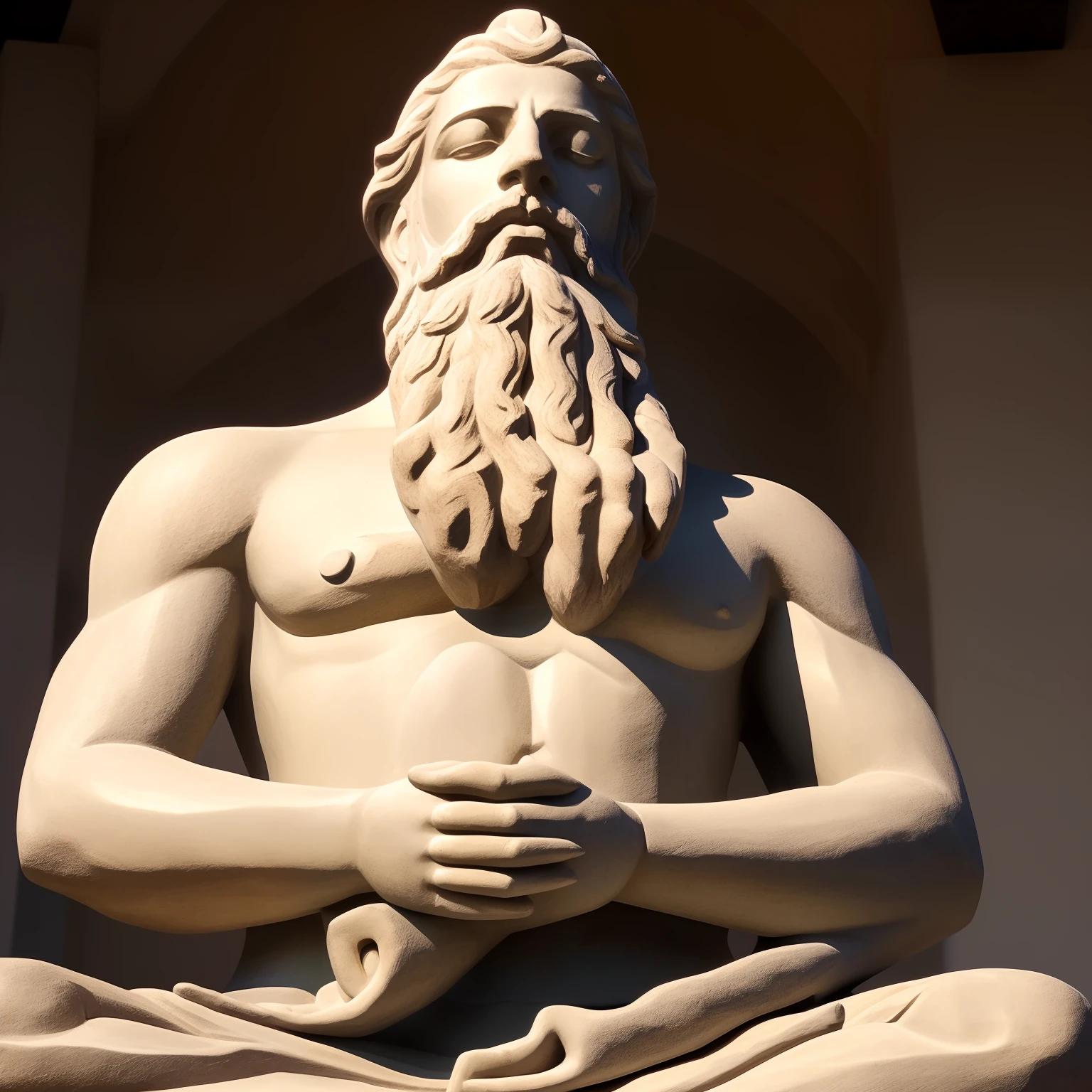 Estóicism, Stoic statue of a bearded man meditating in a calm environment, with hands together in meditation position, symbolizing introspection and serenity, 4k.