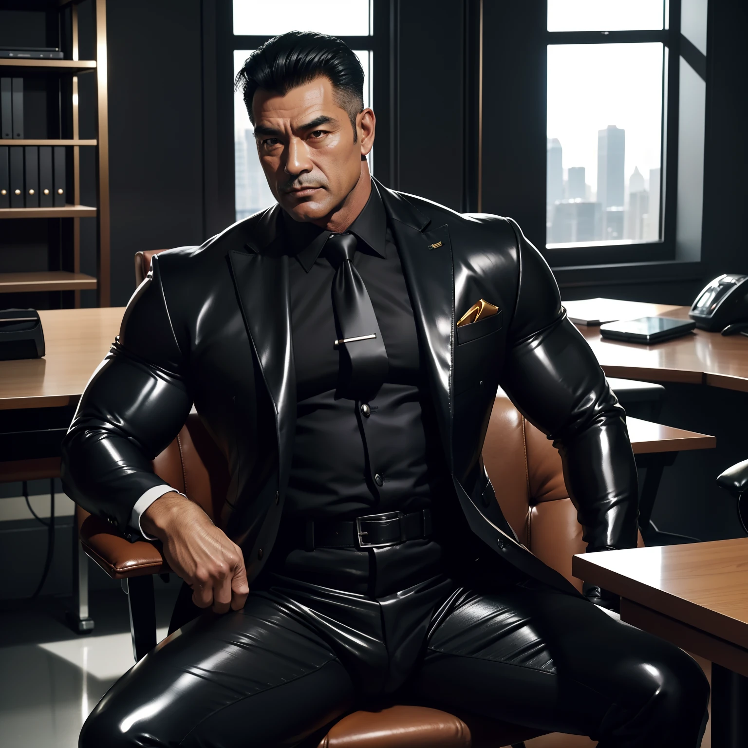 50 years old,daddy,shiny suit ,Dad sat on a chair,k hd,in the office,big muscle, gay ,black hair,asia face,masculine,strong man,the boss is,handsome,sex,leather gloves,lecherous dad,look straight ahead,dad is handsome,dad is