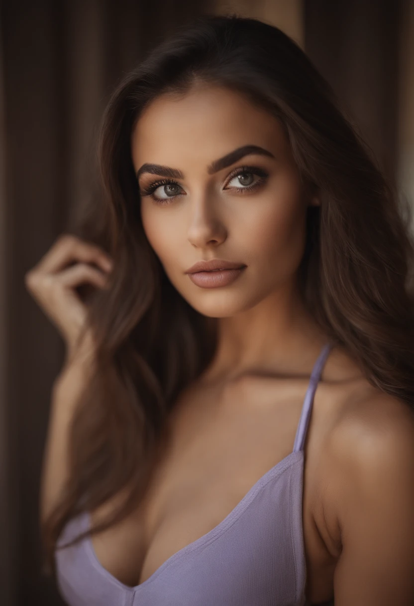 Arafed woman with matching tank top and panties, fille sexy aux yeux bruns, Portrait Sophie Mudd, cheveux bruns et grands yeux, selfie of a young woman, Yeux de chambre, Violet Myers, sans maquillage, maquillage naturel, looking straight at camera, Visage avec Artgram, Maquillage subtil, Superbe photo du corps entier, dans la chambre, clivage,Latina