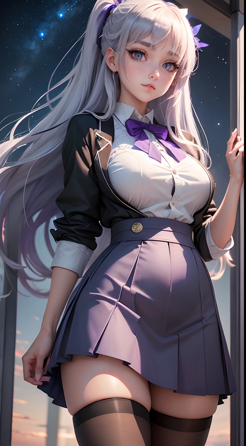 Best Quality, masutepiece,, Illustration, Wallpaper,1girl in, Solo, School uniform, White shirt, Black skirt, Bright purple-silver hair, Semi-long hair, Beautiful detailed girl, extremely detailed eye and face, Beautiful detailed eyes, Shy, natural_Lighting, Glow,NSFW, Clean sky, Looking at Viewer, Outdoors, nigh sky, Star (skyporn), lowfers, Black pantyhose, blue bowtie, Straight hair, Purple petals, Purple and blue flowers, Red pupil, Ponytail, Blue Ribbon,White hair, Thick_thighs thighs thighs thighs, Large breasts,knee sox,Open your crotch,a miniskirt