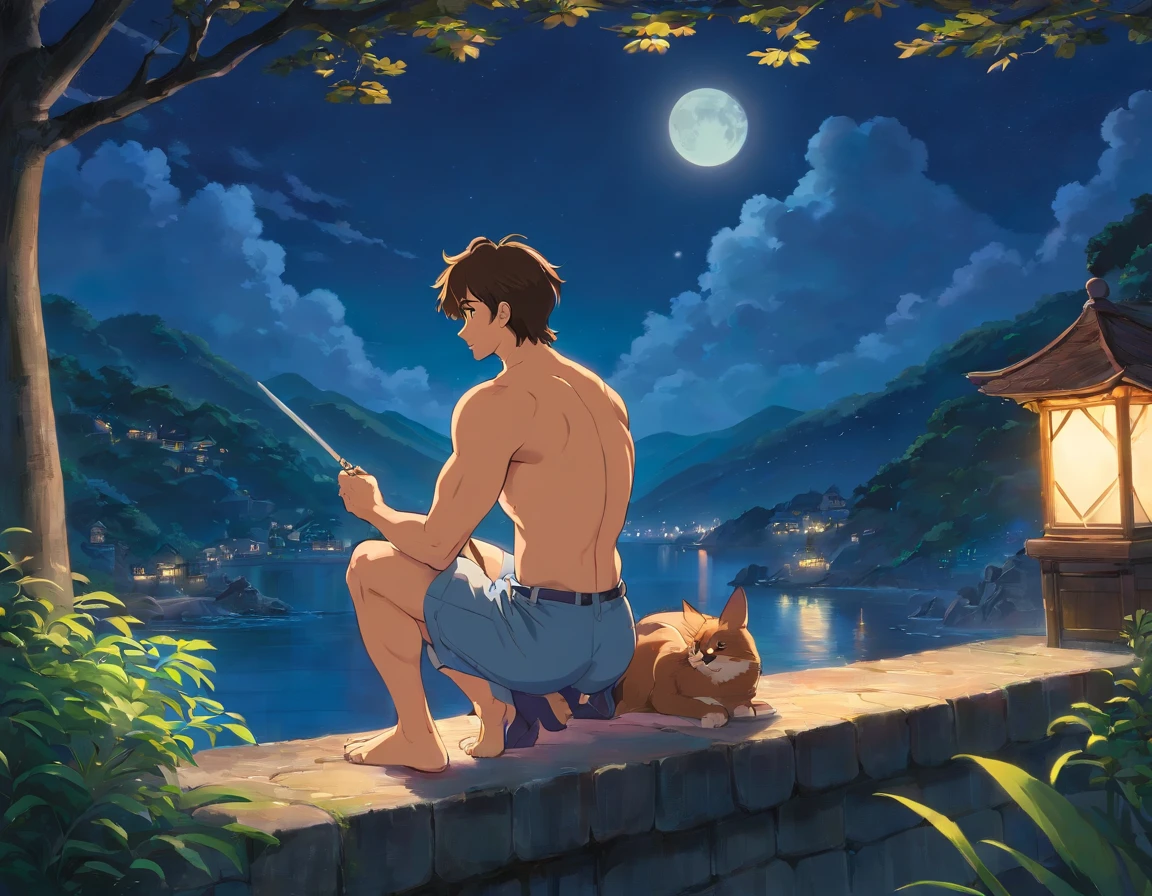 Create a digital painting set under the moonlight, with a view of a sensual encounter with the muscular man, highlighting the elegance of shadows and the intimacy of the moment.