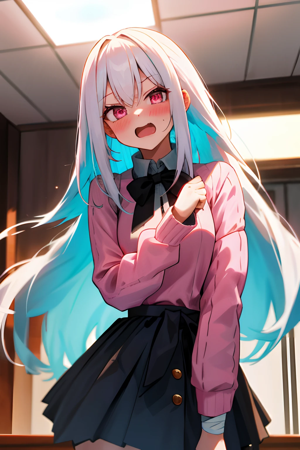 One girl with long hair, white hair, looking at viewer, embarrassed, blushing, indoor, open mouth, fang, pink sweater, black bow tie, black hight waist skirt ,thigh, gyaru style, colorful bandage on face, perfect waist