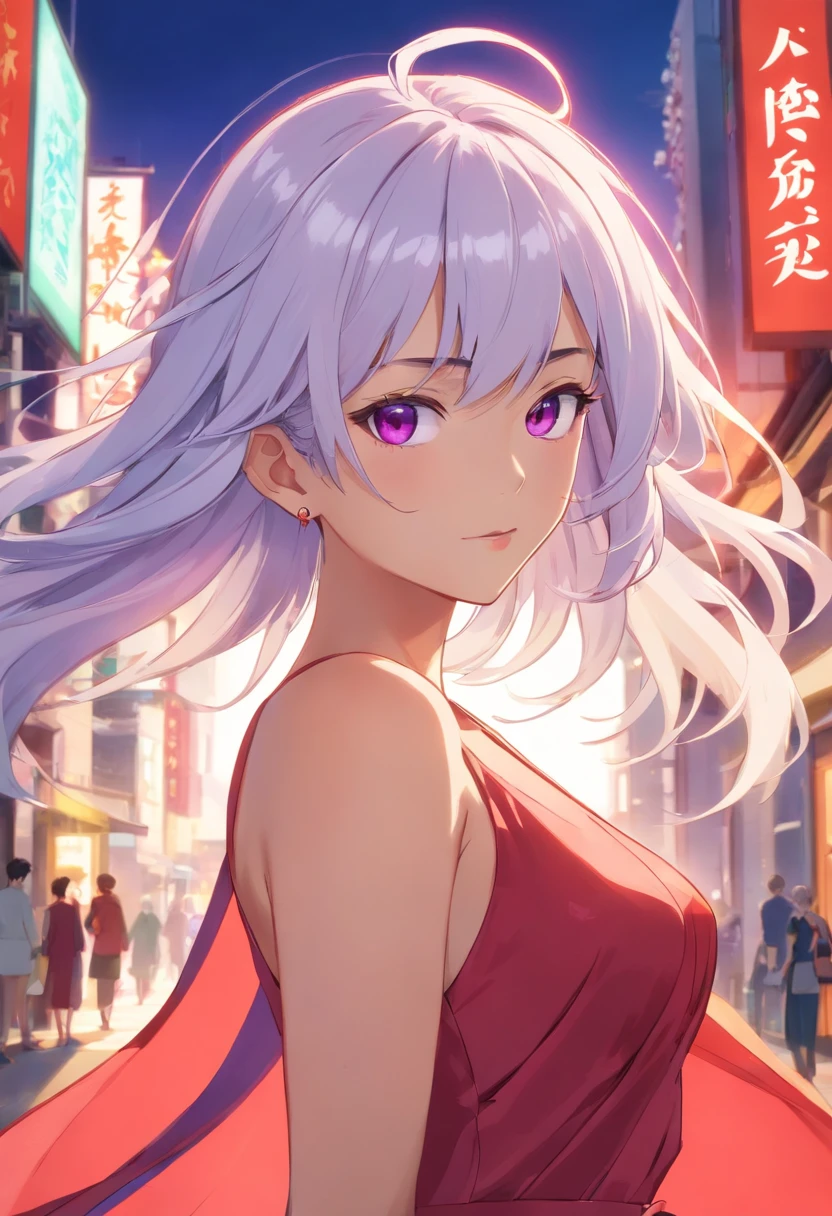 "MILF woman, straight or ironed white hair, who is a noble of Filipino descent, violet eyes, natural tan skin, wearing an elegant and luxurious red dress that accentuates her beauty. Place her at a high-class party, wearing Hanafuda earrings. Her expression is serious and confident."