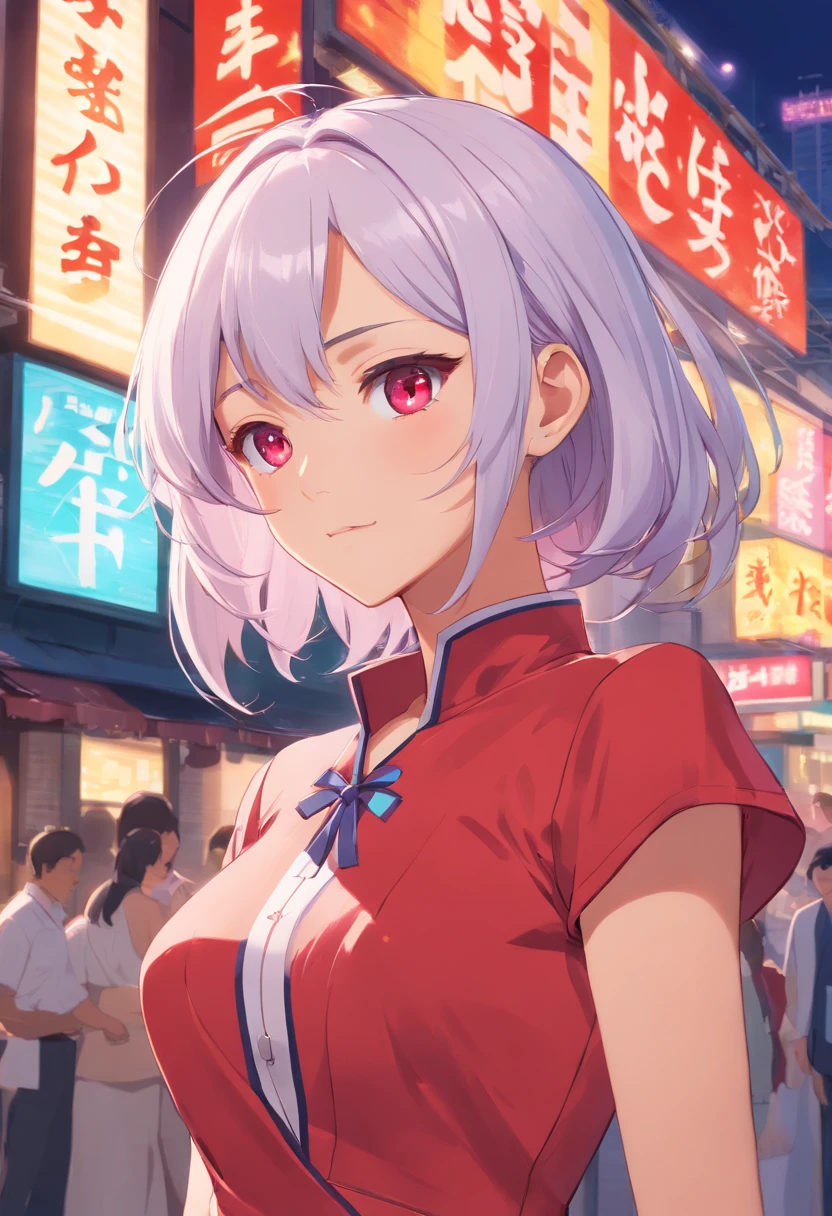 "MILF woman, straight or ironed white hair, who is a noble of Filipino descent, violet eyes, natural tan skin, wearing an elegant and luxurious red dress that accentuates her beauty. Place her at a high-class party, wearing Hanafuda earrings. Her expression is serious and confident."