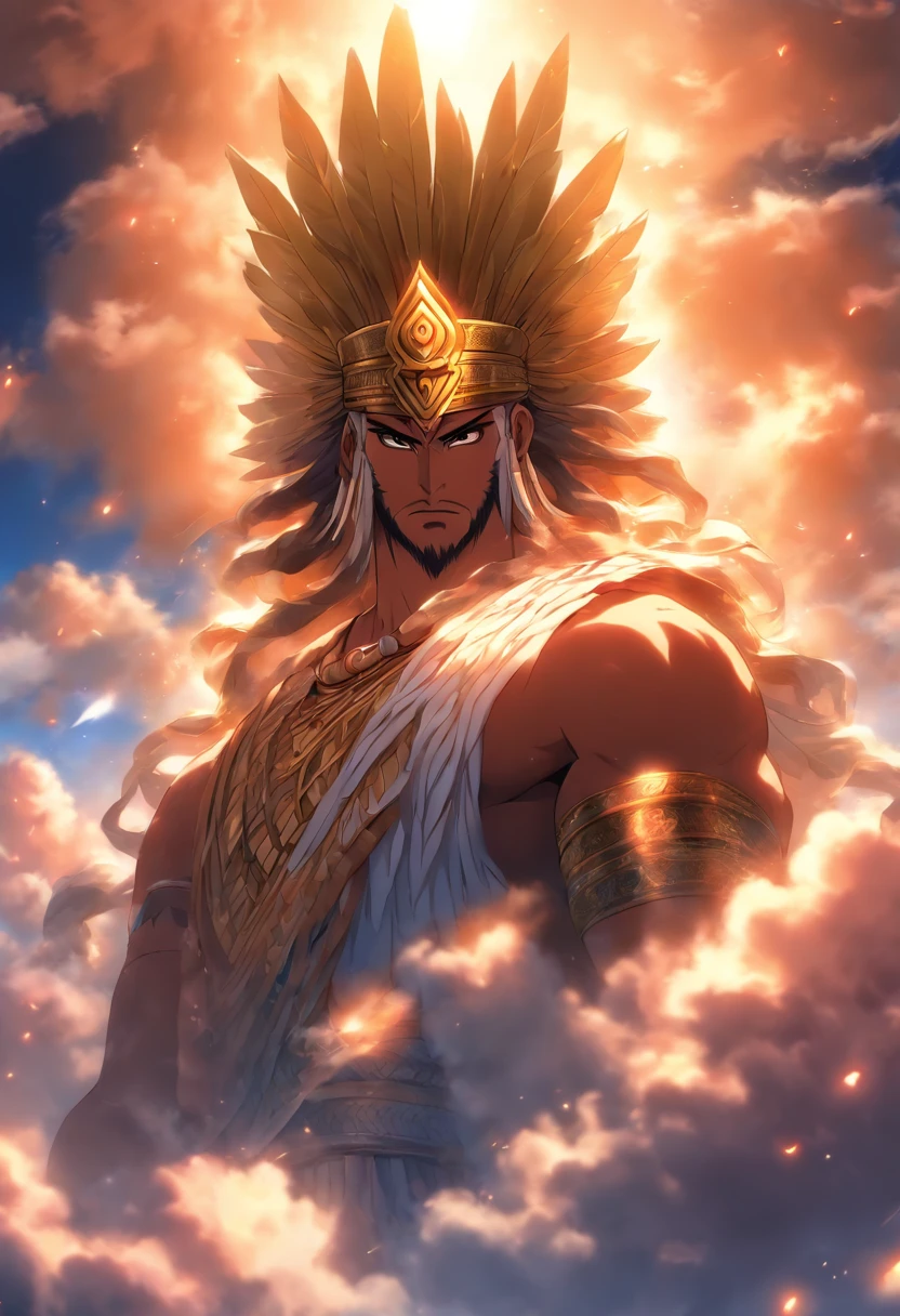 (((ANU))) best quality, ultra-high resolution, 4K detailed CG, masterpiece, Sumerian God, clouds, Sumerian clothing, Sumerian mythology, ((God of heaven)), Sumerian image, aesthetic, centered on screen