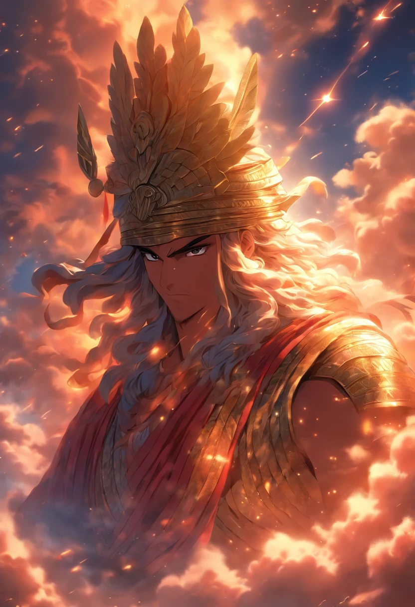(((ANU))) best quality, ultra-high resolution, 4K detailed CG, masterpiece, Sumerian God, clouds, Sumerian clothing, Sumerian mythology, ((God of heaven)), Sumerian image, aesthetic, centered on screen