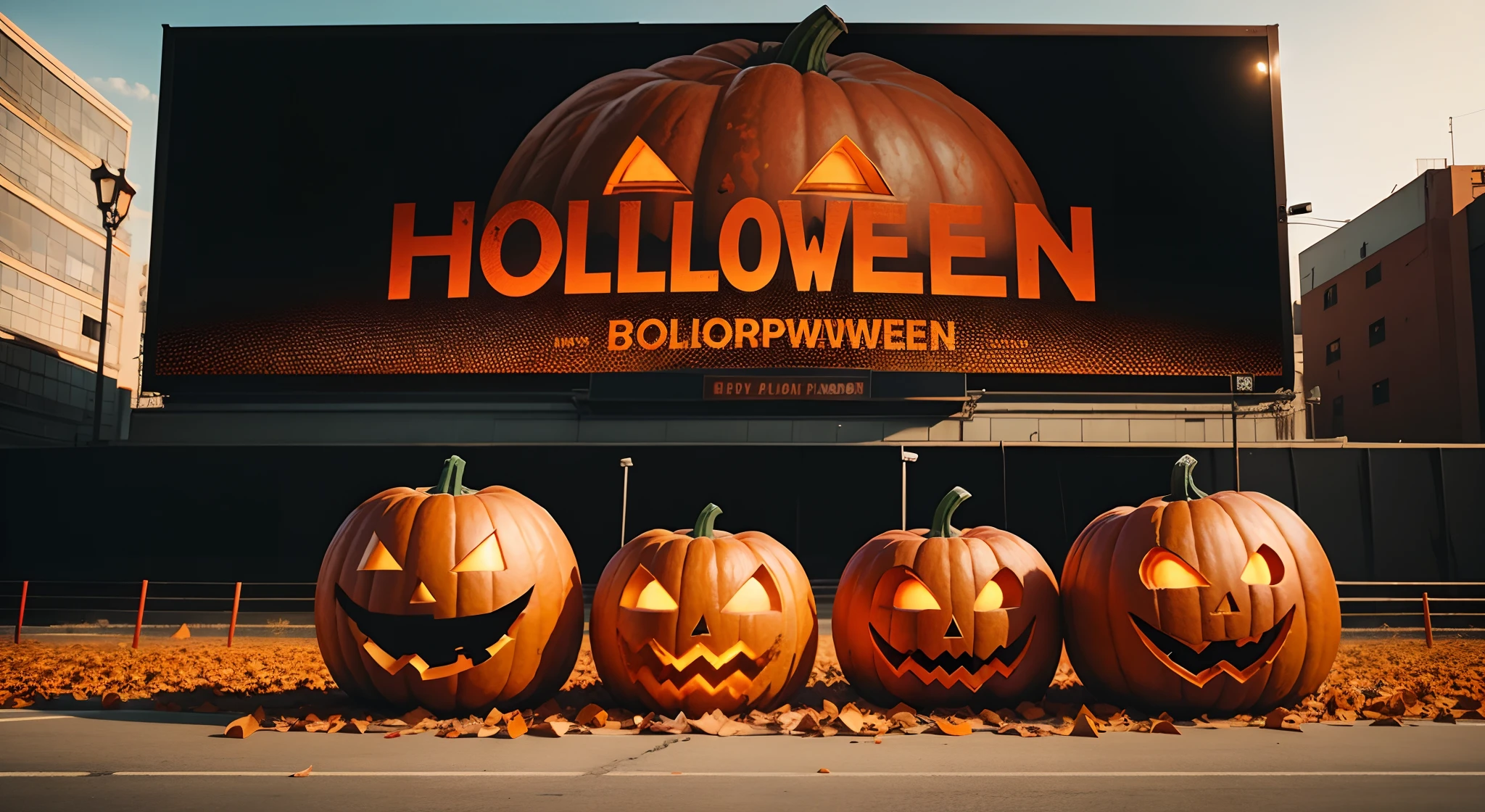 Halloween pumpkins. Bloody Black huge billboard in front, bloody red. Zoomed out, camera far away, bloody around billboard, pumpkins smashed on floor, red blood, blood splitters, cinema screen