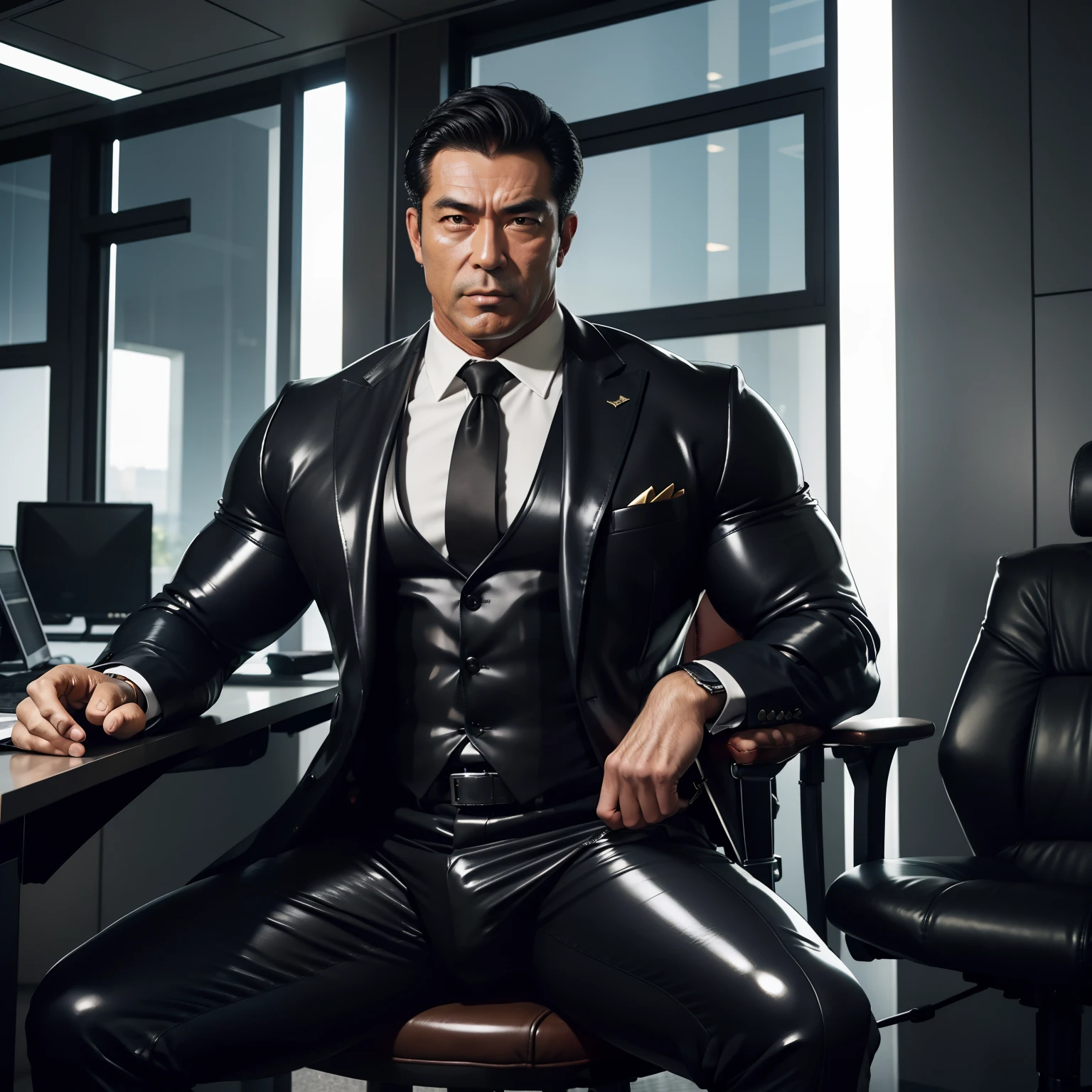 50 years old,daddy,shiny suit ,Dad sat on a chair,k hd,in the office,big muscle, gay ,black hair,asia face,masculine,strong man,the boss is,handsome,sex,leather gloves,lecherous dad,look straight ahead,dad is handsome,dad is a fuck dad