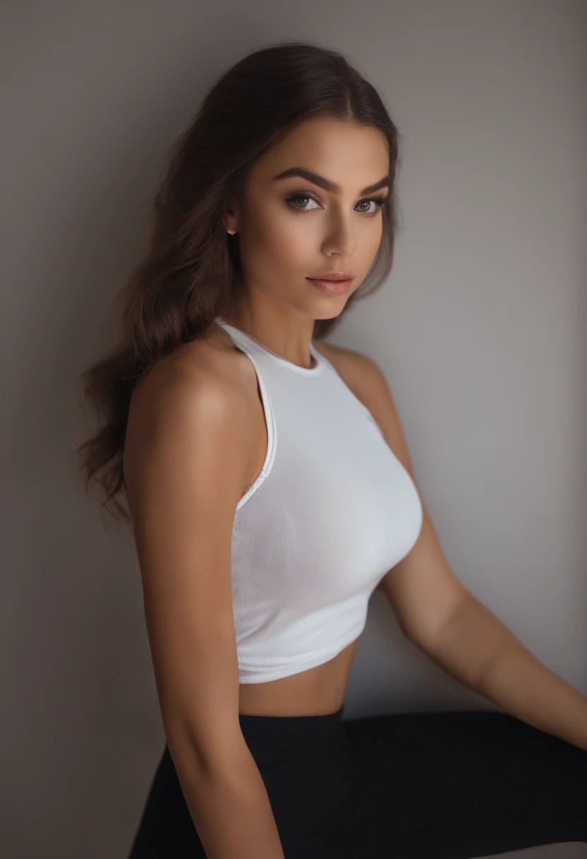 arafed woman with a red tank top and a necklace, sexy girl with green eyes, portrait sophie mudd, brown hair and large eyes, bedroom eyes, violet myers, without makeup, natural makeup, looking directly at the camera, face with artgram, subtle makeup, stunning full body shot, piercing green eyes, beautiful angle, attractive pose, cute girl, brunette goddess, high detail, satisfied pose, wearing white bra and boots, skirt, standing with a motorcyle, a woman with long, dark hair and intense brown eyes. She has a clear complexion and wears subtle makeup including pink lips and dark eyeliner. She is wearing a light gray tank top that reveals her breasts. prominent black and gray tattoos is visible on her arms, she has 36 b breasts, five foot 10 inches, 125 pounds