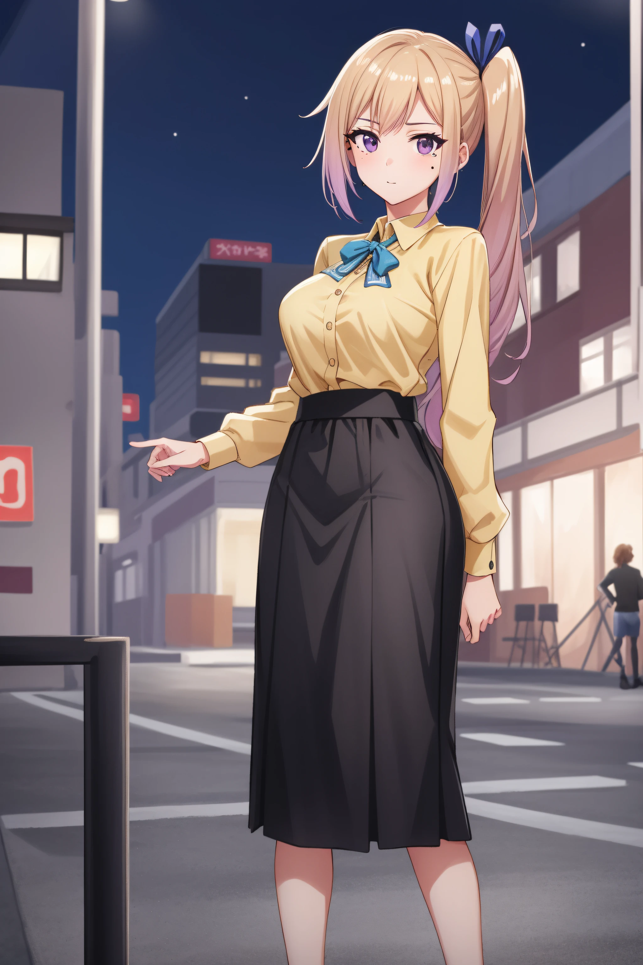 (Night:1.7), Cyberpunk_CityView, Before Window,
(Standing:1.7) at attention,
Yellow and green shirt,White_Long_skirt,long sleeves, bare legs, 
mai kawakami, blonde hair, hair ribbon, long hair, mole, mole under eye, ribbon, side ponytail, (purple eyes:1.2), 
1 girl, 20yo,young female,Beautiful Finger,Beautiful long legs,Beautiful body,Beautiful Nose,Beautiful character design, perfect eyes, perfect face,
looking at viewer, (innocent_big_eyes:1.0),(expressionless:1.3),seductive anime girl.teasing smile, 
NSFW,official art,extremely detailed CG unity 8k wallpaper, perfect lighting,Colorful, Bright_Front_face_Lighting,
(masterpiece:1.0),(best_quality:1.0), ultra high res,4K,ultra-detailed,
photography, 8K, HDR, highres, absurdres:1.2, Kodak portra 400, film grain, blurry background, bokeh:1.2, lens flare, (vibrant_color:1.2)
(Beautiful,medium_Breasts:1.4), (beautiful_face:1.5),(narrow_waist),(perfect hands, perfect anatomy)