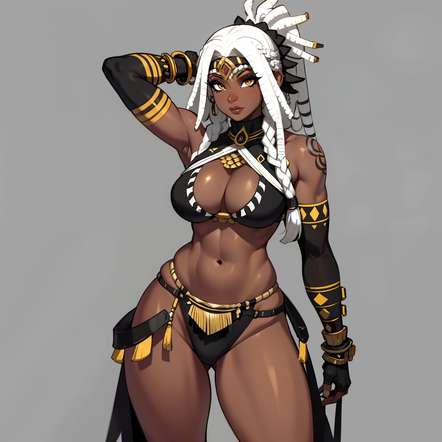 Ebony skinned female with white dreadlocks, thicc, wearing tribal warrior outfit