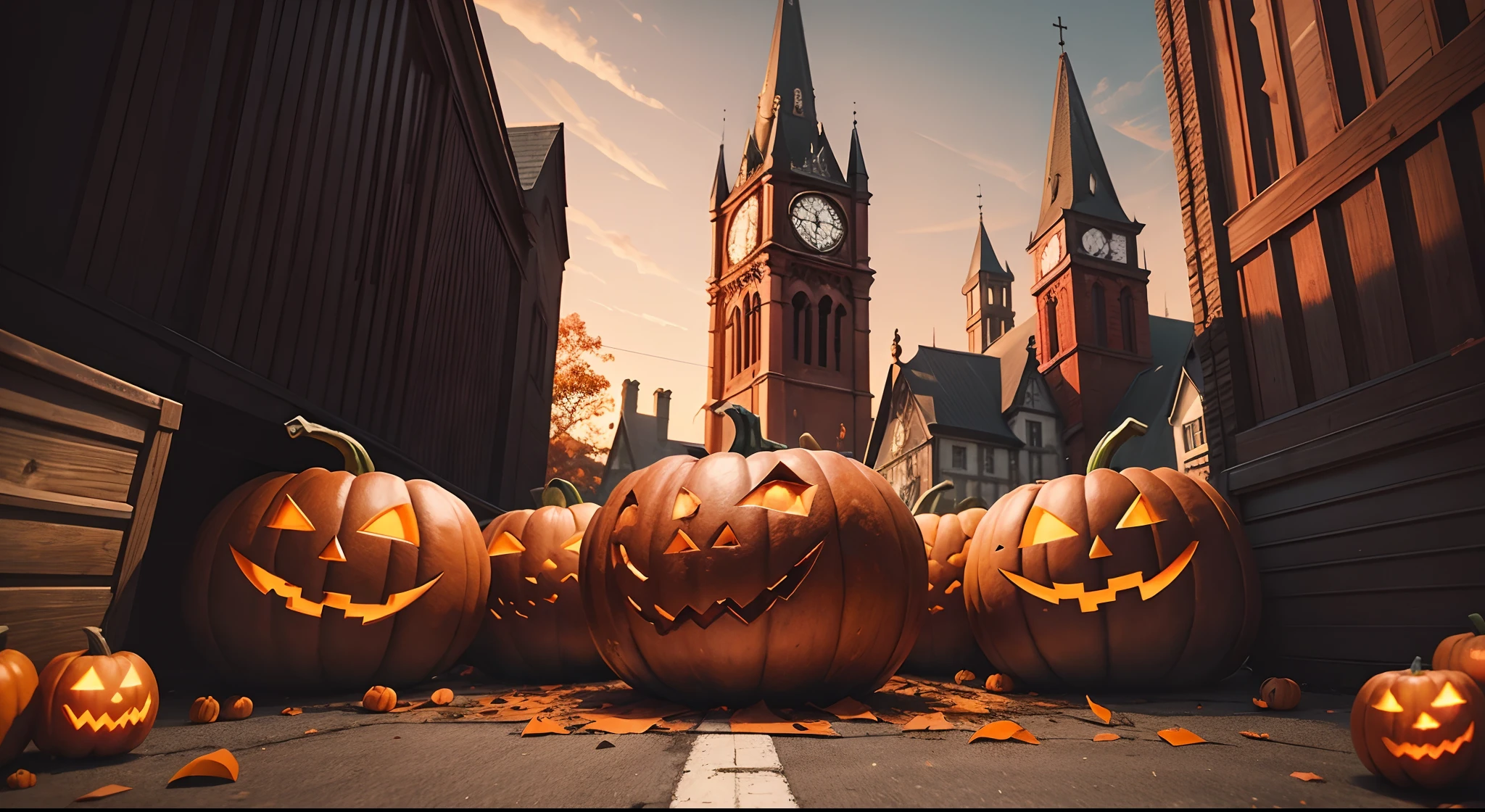 Halloween pumpkins. Bloody Black huge billboard in front, bloody red. Zoomed out, camera far away, bloody around billboard, pumpkins smashed on floor, Red blood, church Tower, church, towers