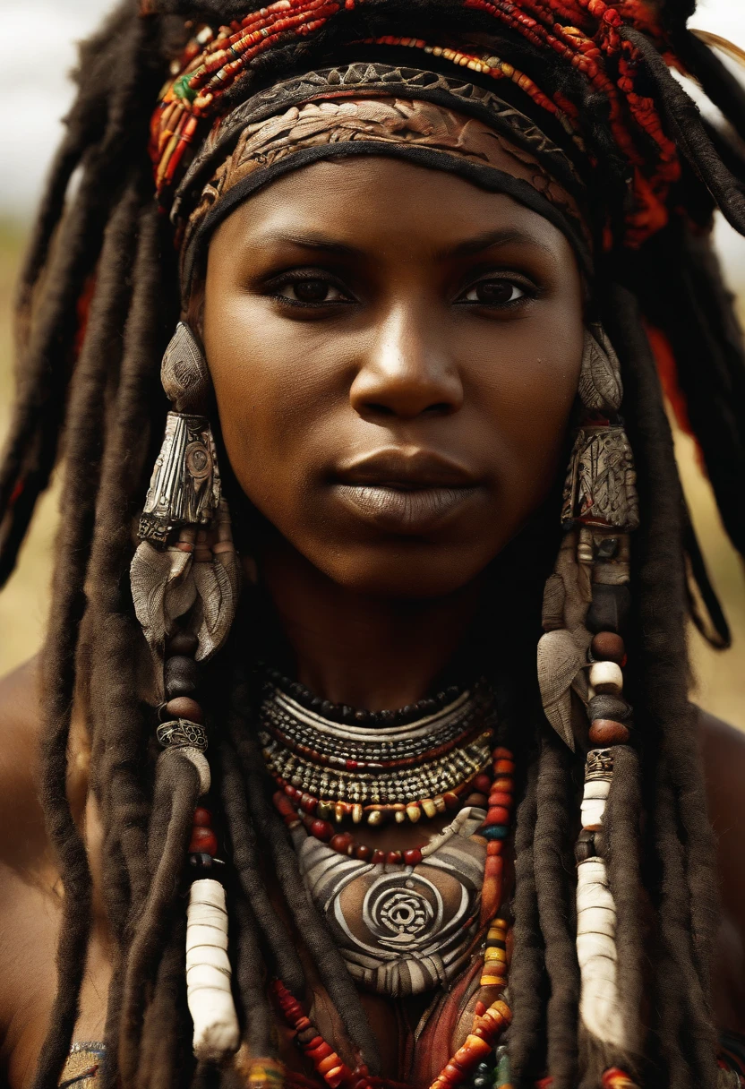 1 femme tribale, indigenous, anatomie parfaite, Corps entier, cheveux noirs, Impatient, Cheveux indiens amazoniens, Yeux occidentaux peints avec une bande rouge, seins nus, porter uniquement avec une frange Yanomami , Utilisation de colliers de semences, Avec le corps peint en urucu.