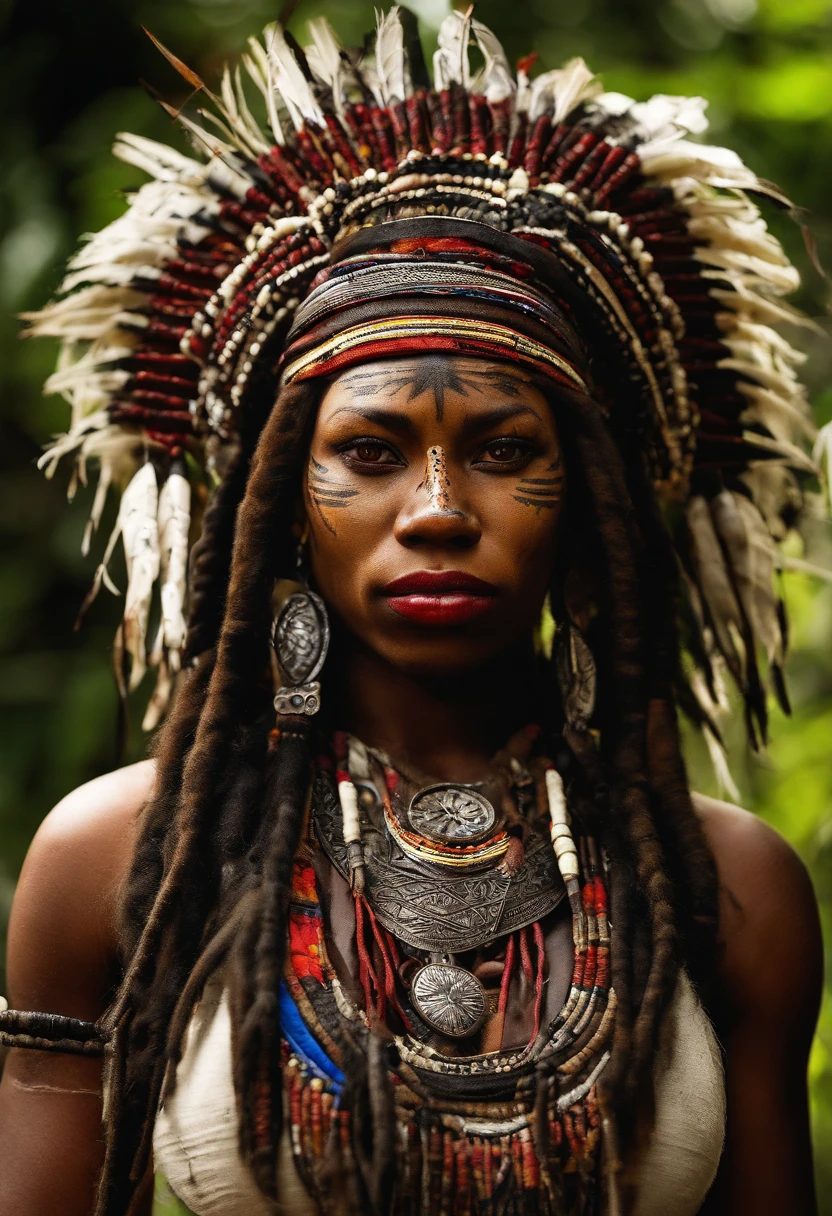"(best quality,ultra-detailed),Ebony skin,Ebony skinned female:1.1,beautiful detailed eyes,beautiful detailed lips,white dreadlocks,thicc,tribal warrior outfit,not too strong looking,confident posture,exotic background,sharp focus,vivid colors