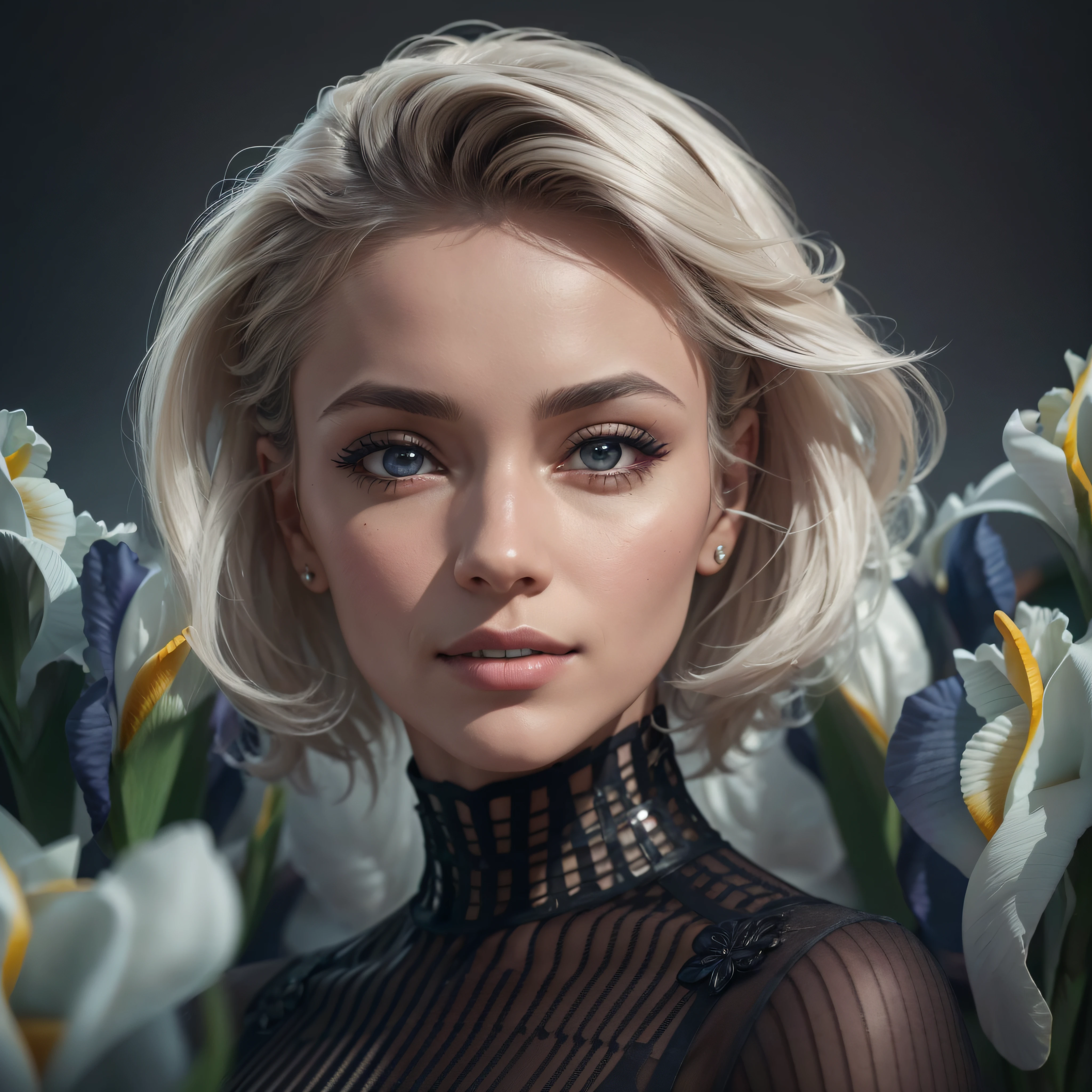 (hard hexagonal fashion style, deus ex aesthetic, detailed irises), An exquisite portrait of a scandinavian woman with pale skin, the photograph captured in stunning 8k resolution and raw format to preserve the highest quality of details. The woman's beauty is undeniable. She wears comfortable clothes that complement her radiant skin, and her eyes are portrayed with meticulous attention to detail, showcasing the captivating depth within. The photograph is taken with a lens that emphasizes the gentle smile in her eyes, and the backdrop is a dark studio setting that enhances the muted colors of the scene. The lighting and shadows are expertly crafted to bring out the richness of her skin tone and the subtle nuances of her features. Her pure black hair, with its distinct hue, adds a touch of contrast against her white skin. The interior setting adds a sense of intimacy. The overall composition captures her essence with authenticity and grace, creating a portrait that is a celebration of her heritage and beauty. Photography utilizing the best techniques for shadow and lighting, to create a mesmerizing portrayal that transcends the visual, slightly tilted head, (extreme iris details:1.4)