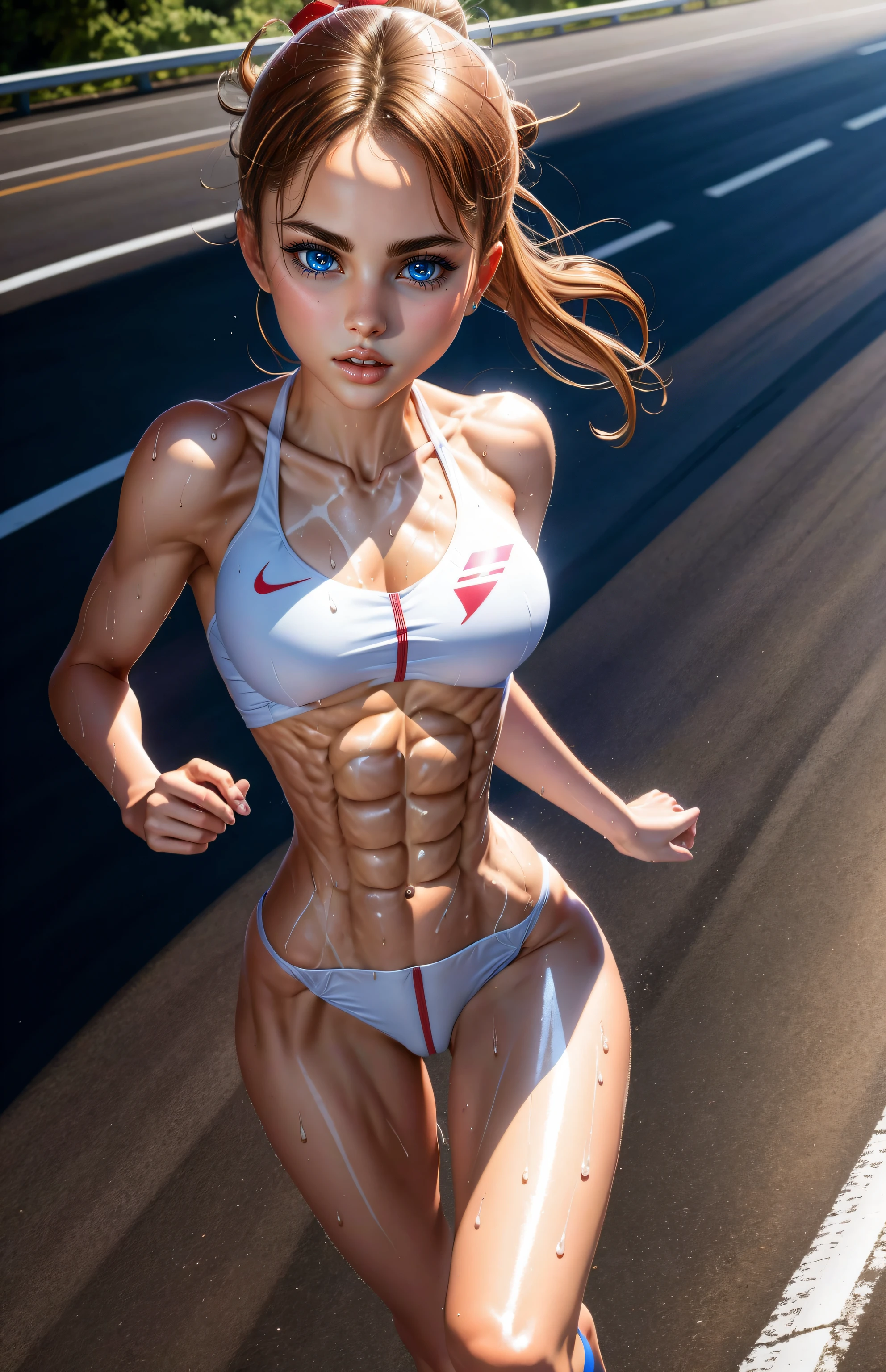 ((masutepiece)),((High resolution)), Dramatic Lighting, Sharp Focus, 16k UHD,
Ultra-realistic illustrations,1beautiful girl,Road Bike Racing Uniforms, (detailed bikini top), ((naked belly, six pack abs:1.4)), age girl riding a bicycle, she has a very small waist, (sexy wide hips), small head ,(((Large breasts))),Translucent white shirt,shiny skins,nice legs,wet skins sweat,In road bike racing,dynamic shot