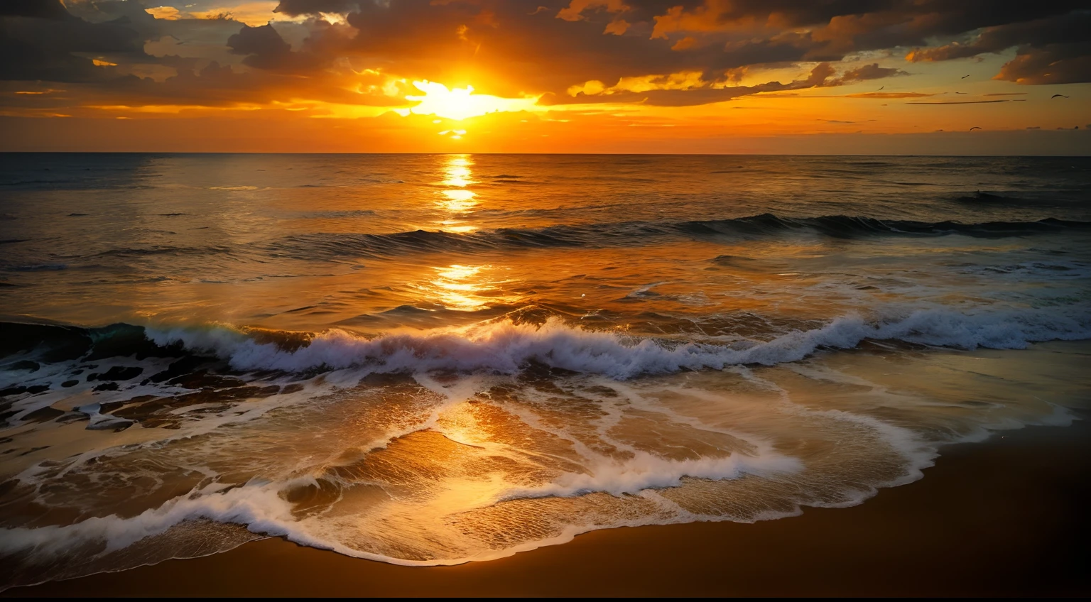 An absolutely mesmerizing sunset over the beach, with a blend of oranges, pinks, and yellows filling the sky. Crystal-clear waters of the sea gently kissing the shore, with sandy white beach stretching far and wide. The scene is dynamic and breathtaking, with seagulls soaring high in the sky and gently swaying palm trees. Take in the calming atmosphere and let the peacefulness wash over you.