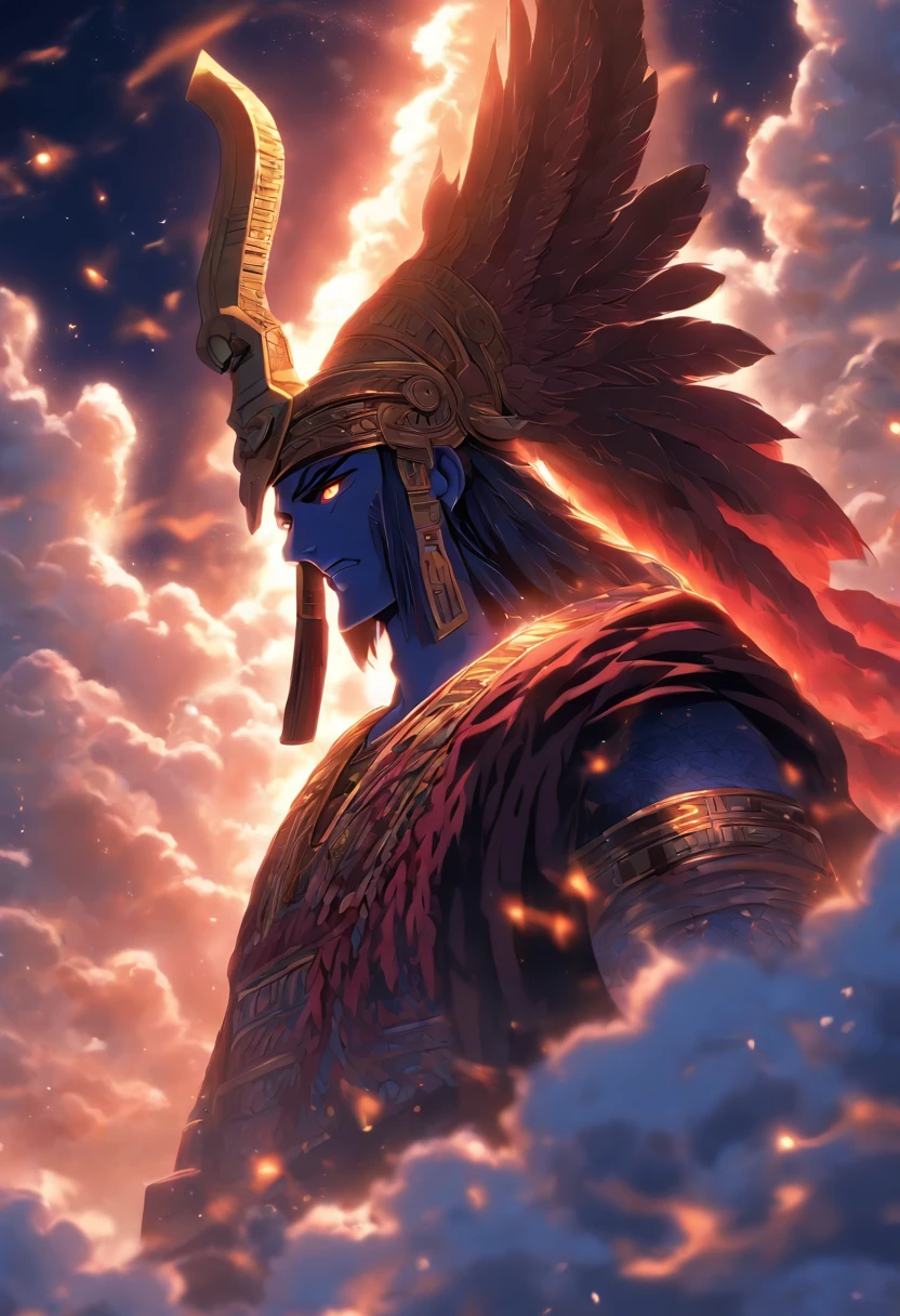 (((ANU))) best quality, ultra-high resolution, 4K detailed CG, masterpiece, Sumerian God, horn, clouds, Sumerian clothing, Sumerian mythology, ((God of heaven)), Sumerian image, aesthetic, screen-centered, full body