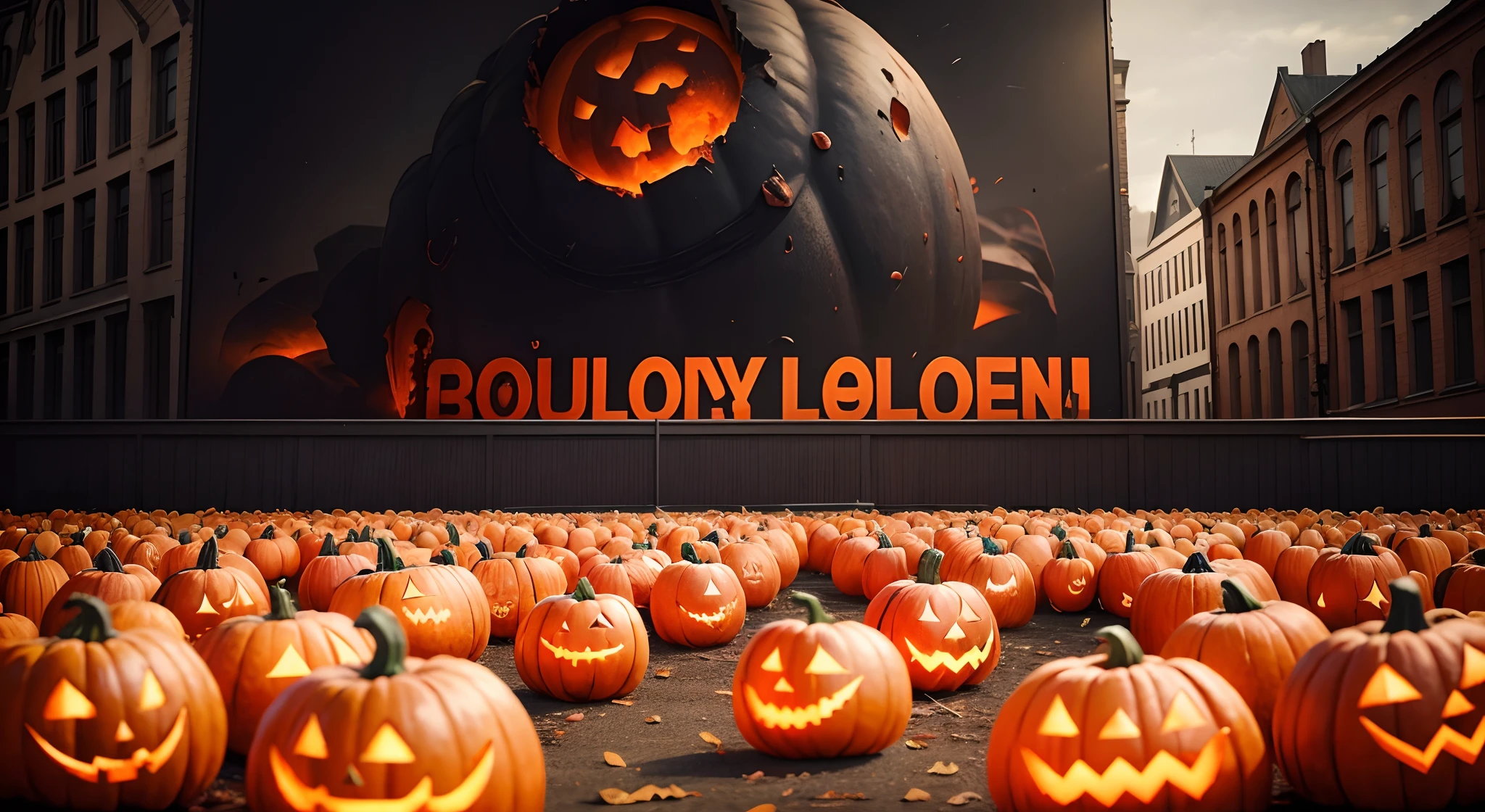 Halloween pumpkins. Bloody Black huge billboard in front, bloody red. Zoomed out, camera far away, bloody around billboard, pumpkins smashed on floor, Red blood, church from Eeklo Belgium, church