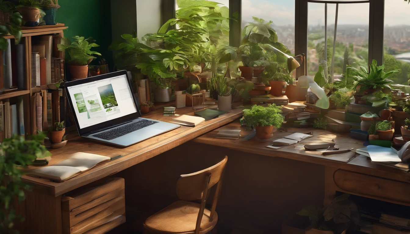 Artist's table with plants, books, paper, laptop, Shelves, drawer, Overlooking the green urban environment