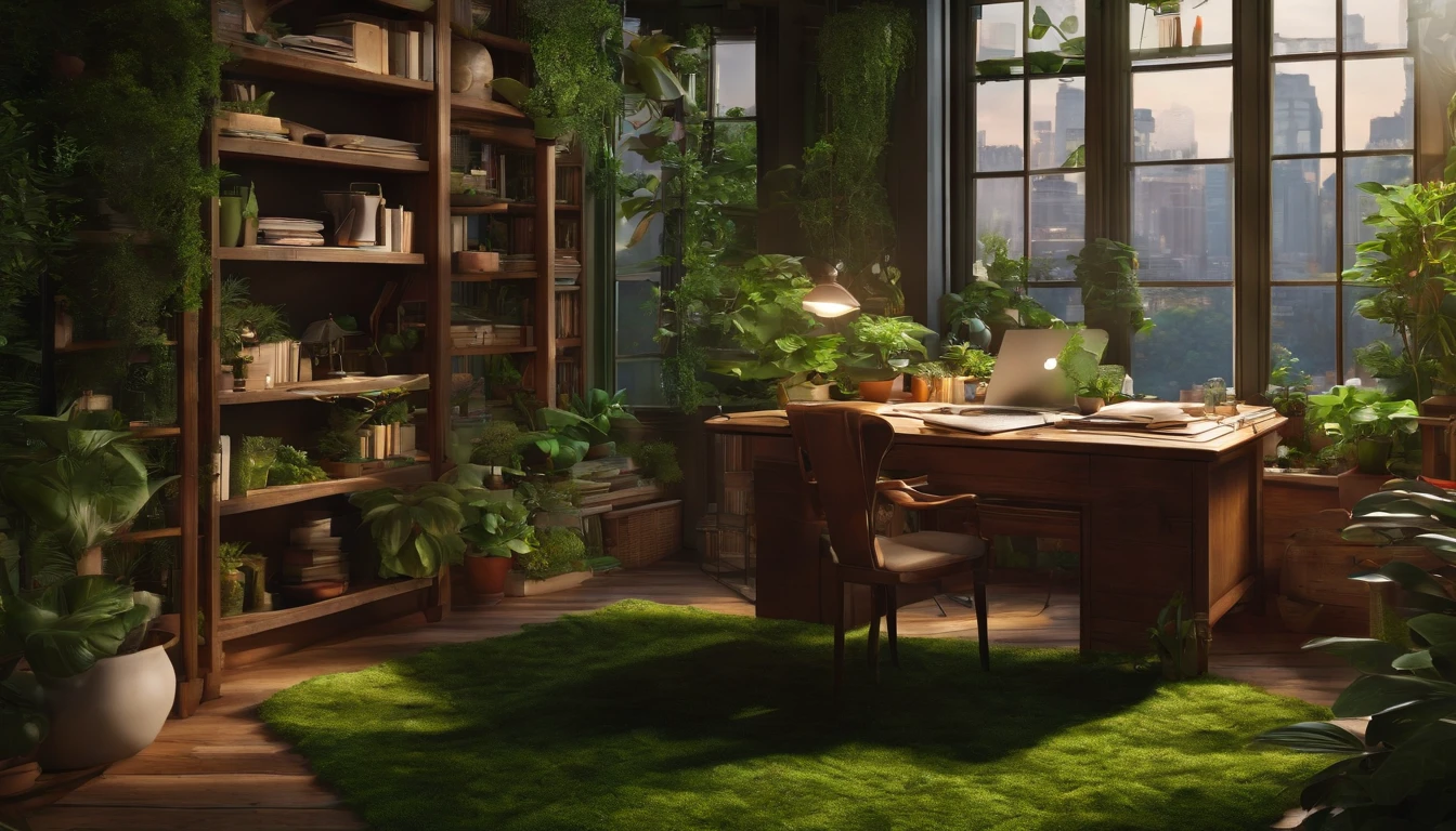 Artist's table with plants, books, paper, laptop, Shelves, drawer, Overlooking the green urban environment