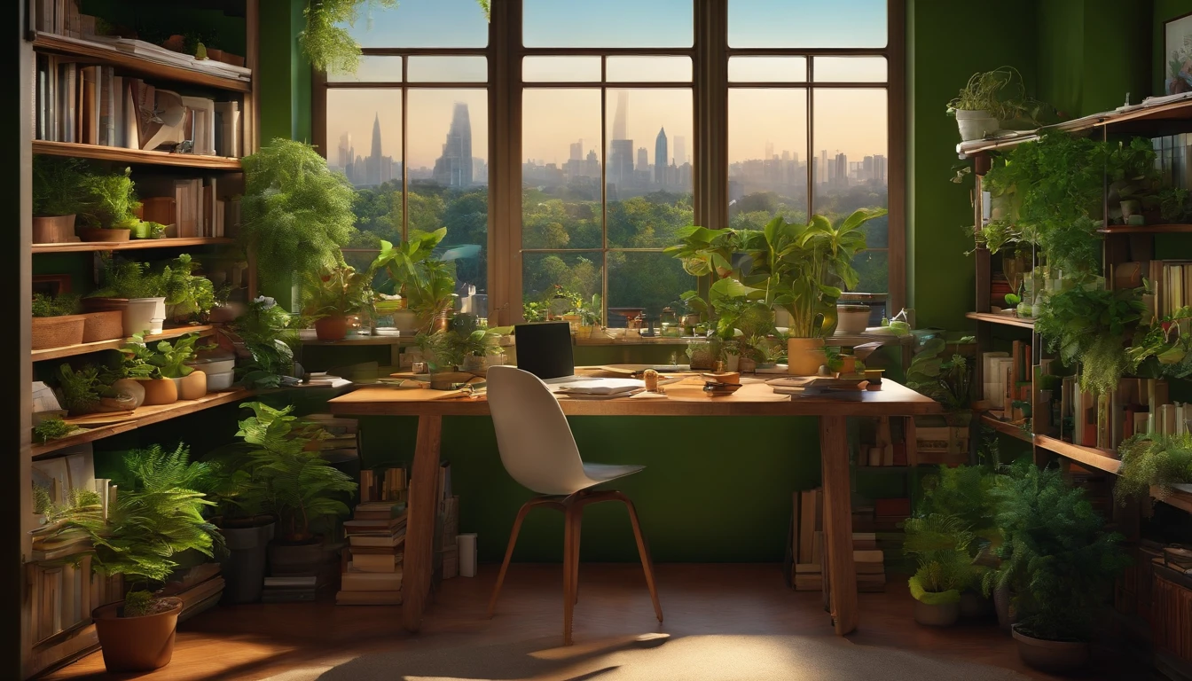 Artist's table with plants, books, paper, laptop, Shelves, drawer, Overlooking the green urban environment