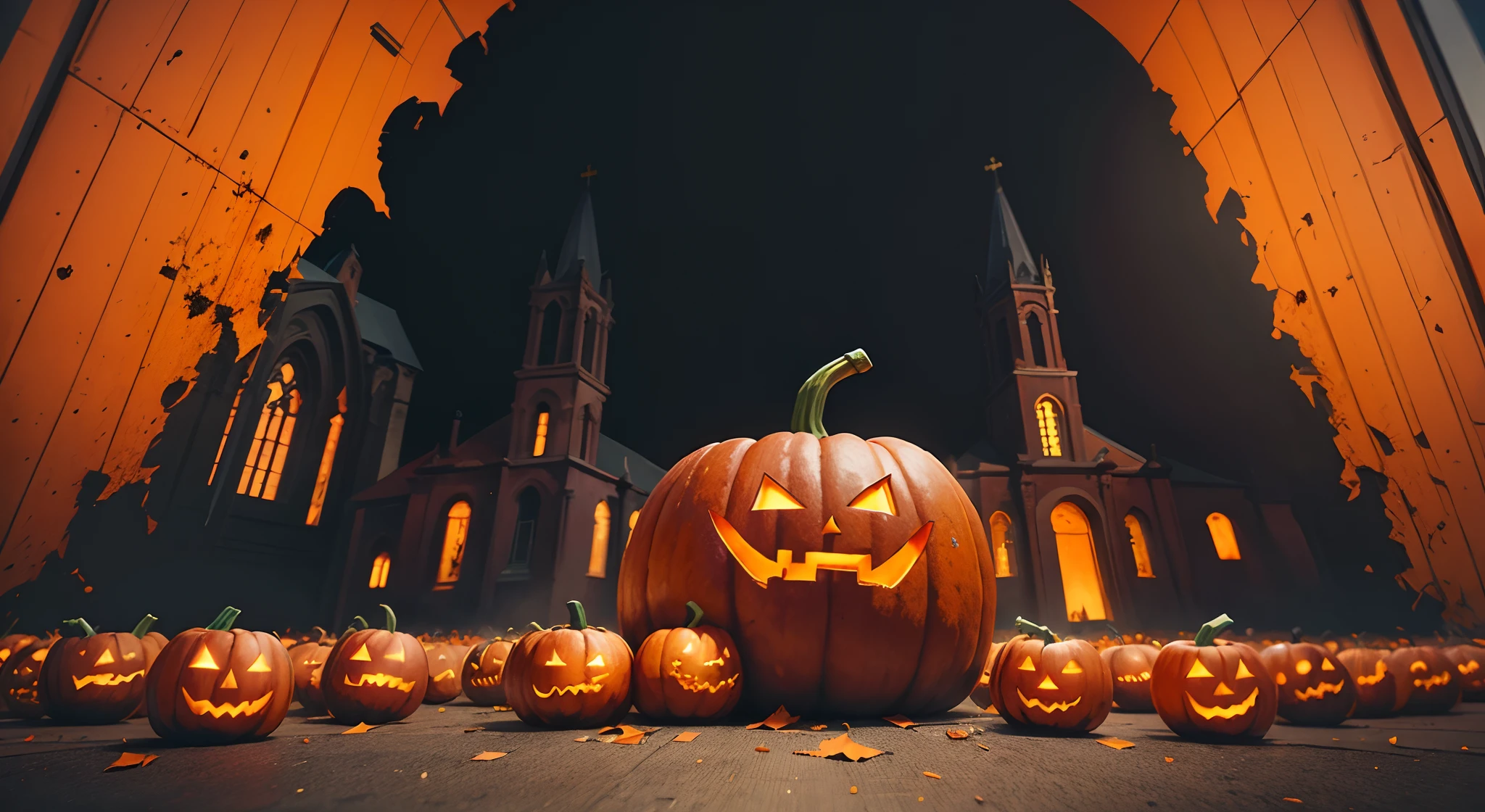 Halloween pumpkins. Bloody Black huge billboard in front, bloody red. Zoomed out, camera far away, bloody around billboard, pumpkins smashed on floor, Red blood, church from Eeklo Belgium, church