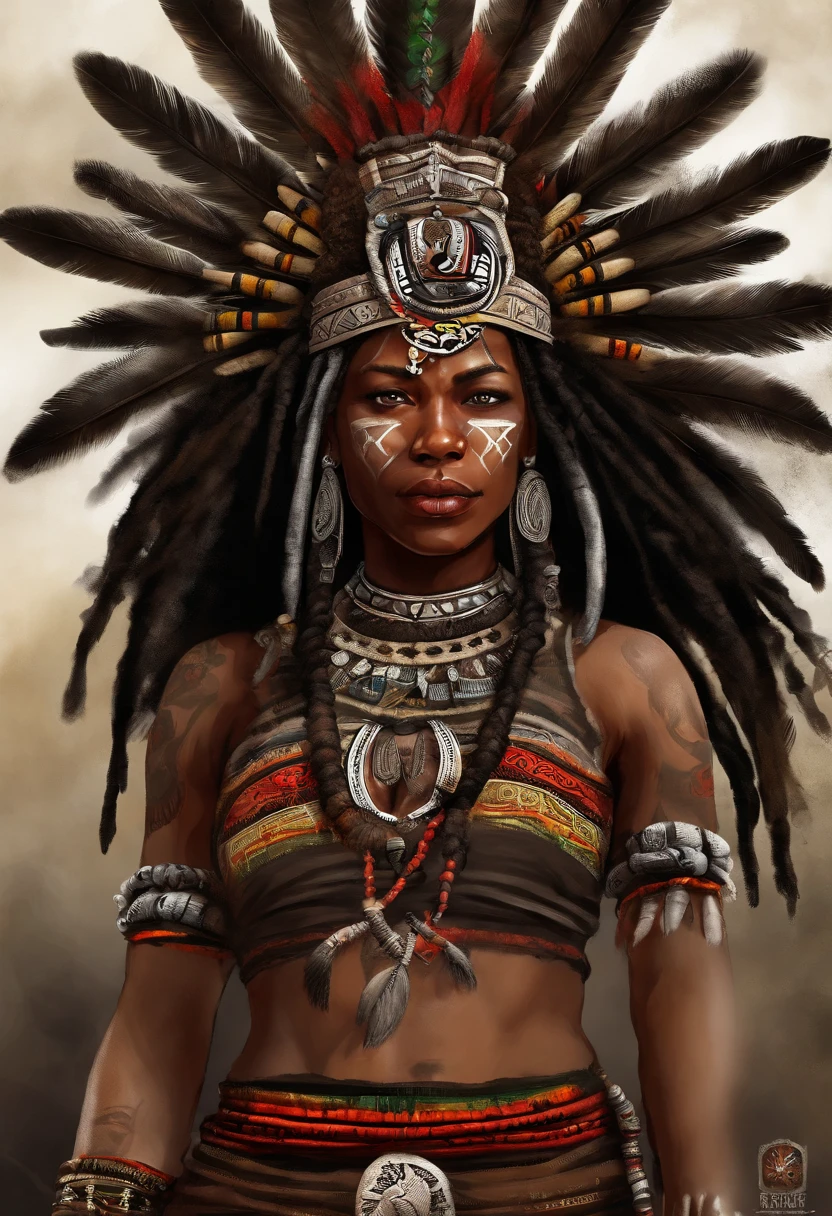 (masterpiece, UHD, highly detailed, oil painting, realistic, Greg Rutkowski style:1.3), Queen Nzinga, (17th-century African warrior attire:1.2), adorned with tribal jewelry, fierce expression, wielding a spear, African savannah background, setting sun, (warm hues of orange and red:1.2), detailed textures, rich colors, imposing presence, full body view, looking at viewer.